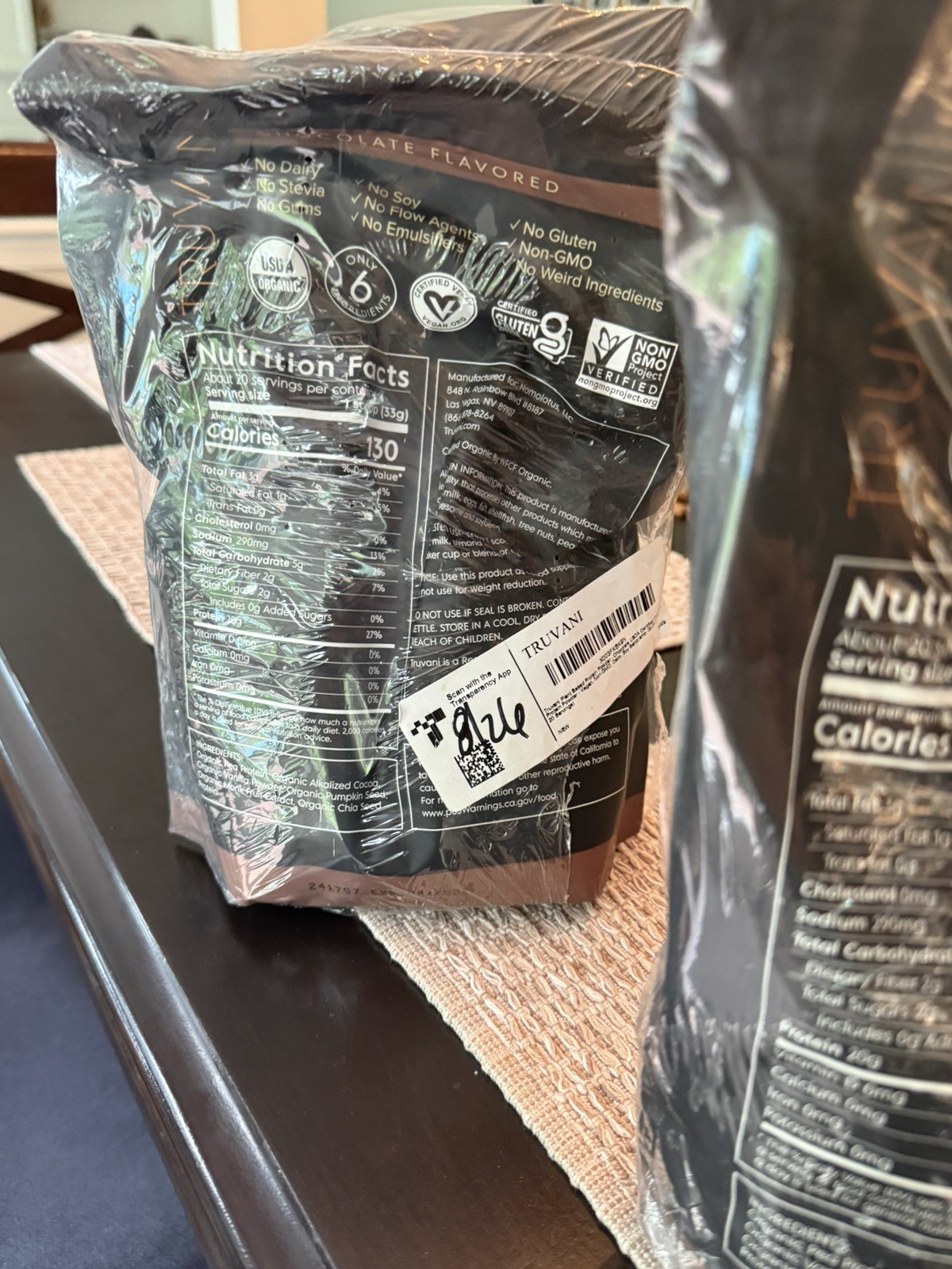 2 bags of Truvani Vegan Protein Powder Chocolate 1.5lb Organic Plant Based