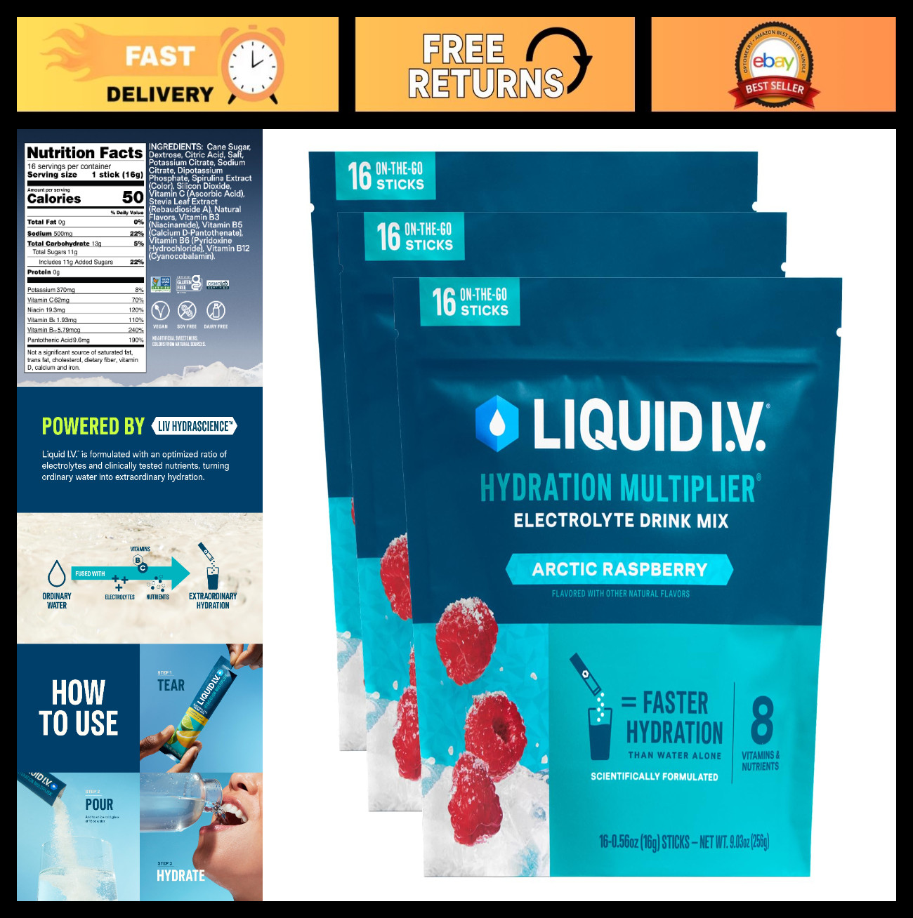 Hydration Multiplier Electrolyte Powder Drink Mix – Arctic Raspberry, 3 Pack (48