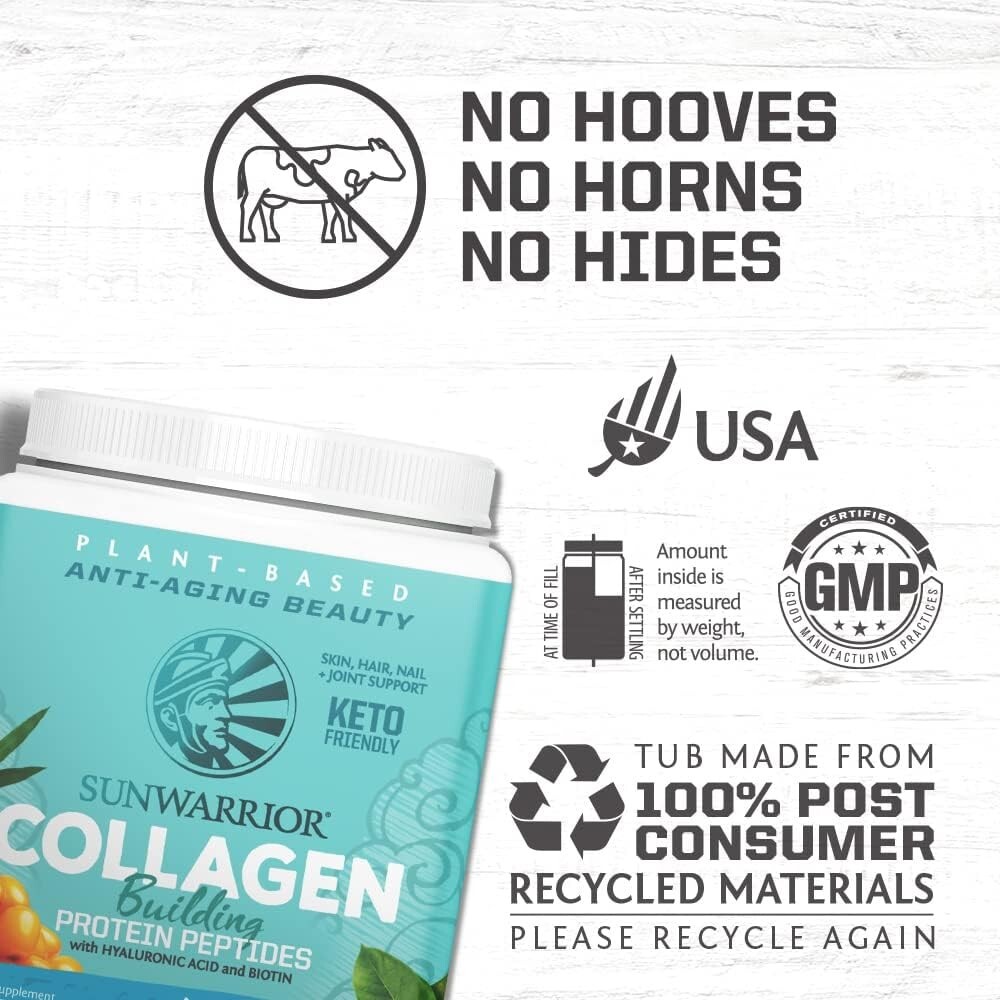 Sunwarrior Vegan Collagen Building Protein Peptides Hyaluronic, Biotin, 1.1 lbs