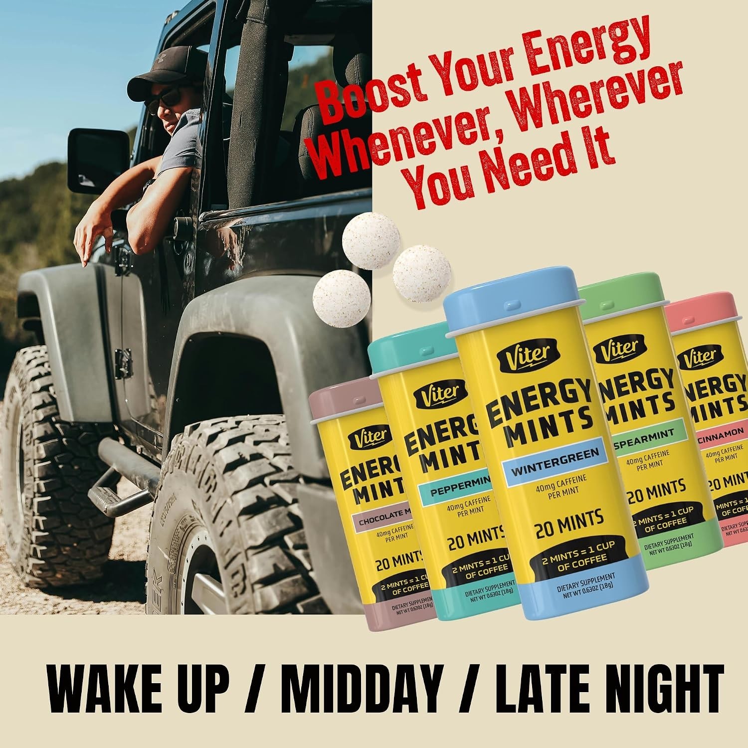 Viter Energy Mints 40mg Caffeine & B Vitamins -Sugar Free Variety Pack -5 Flavor