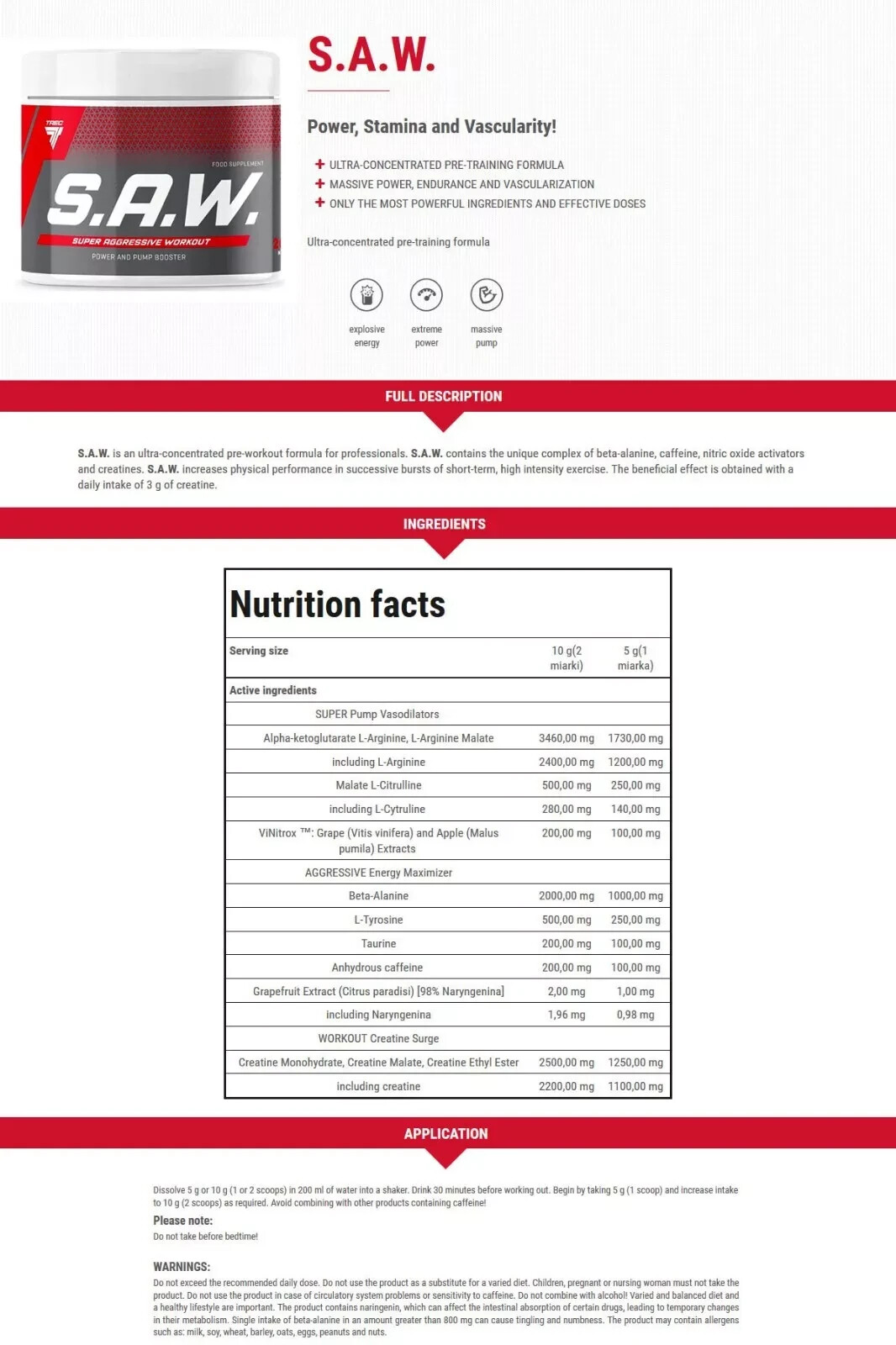 SAW 200g – 40 Portions! Pre-Workout Booster No Sugars & Fillers – Energy & Pump