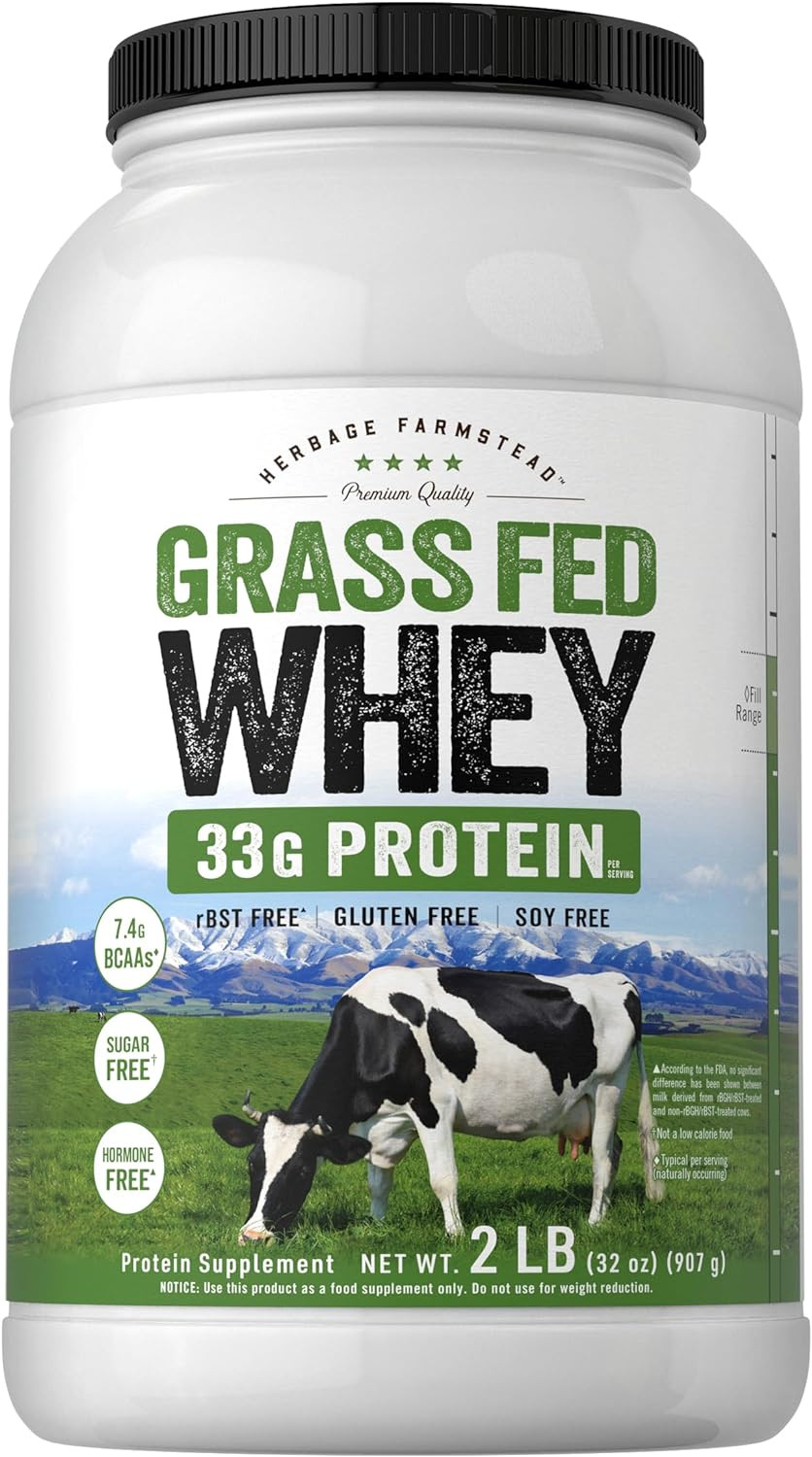 Grass Fed Whey Protein Powder 2Lb 33G of Protein per Serving Unflavored Sugar an