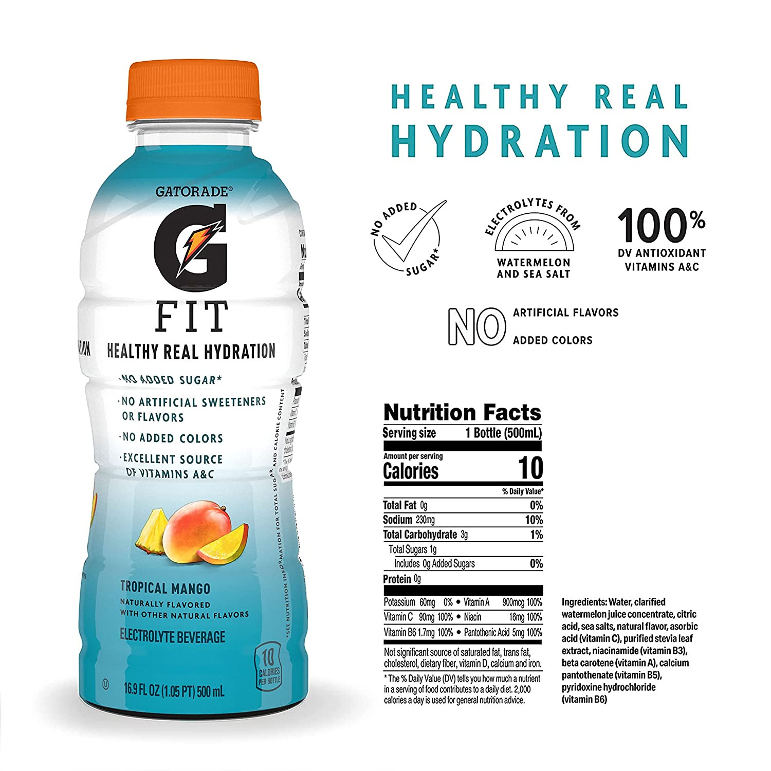 Gatorade Fit Electrolyte Beverage, Healthy Real Hydration, Tropical Mango, 16.9.