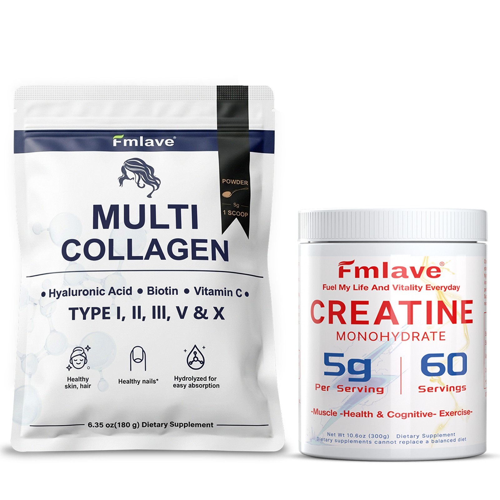 Creatine for Women + Collagen Peptides 5G Each – Muscle, Beauty, Performance 2pc
