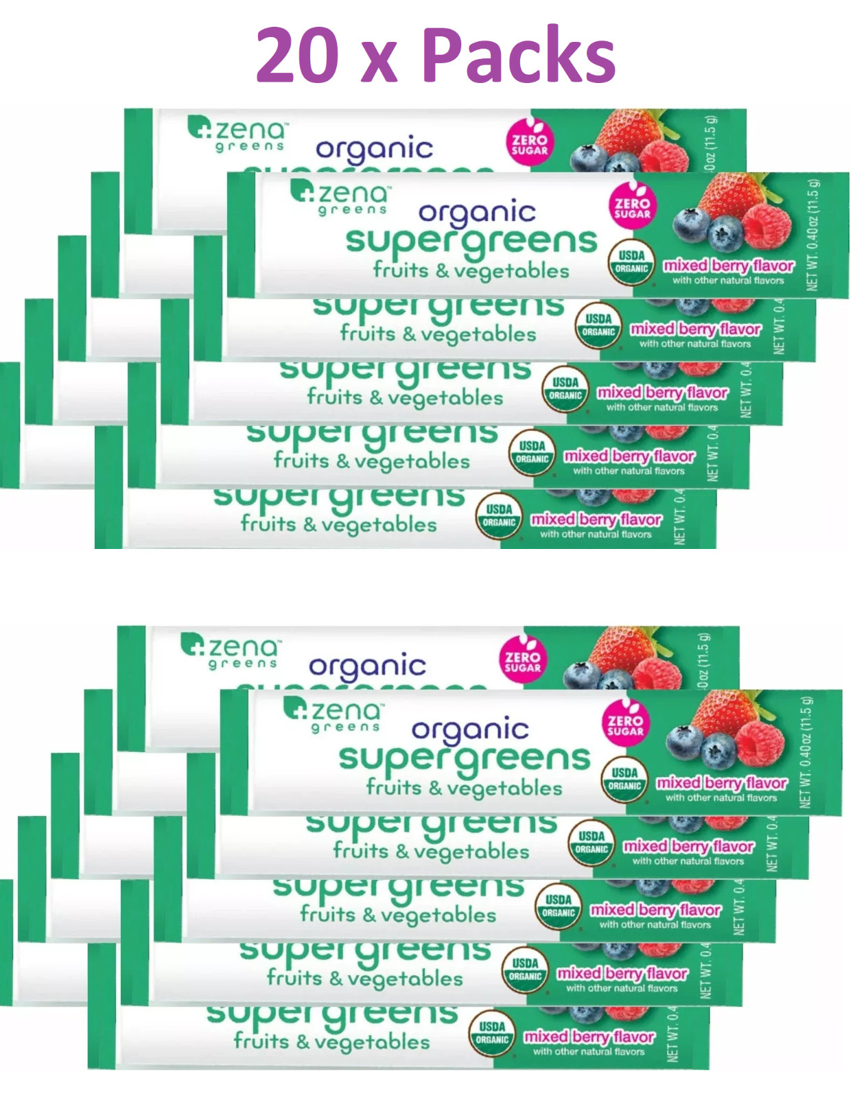 Zena Organic Super Greens Fruits & Vegetables Single Packs 20 Count Made in USA!
