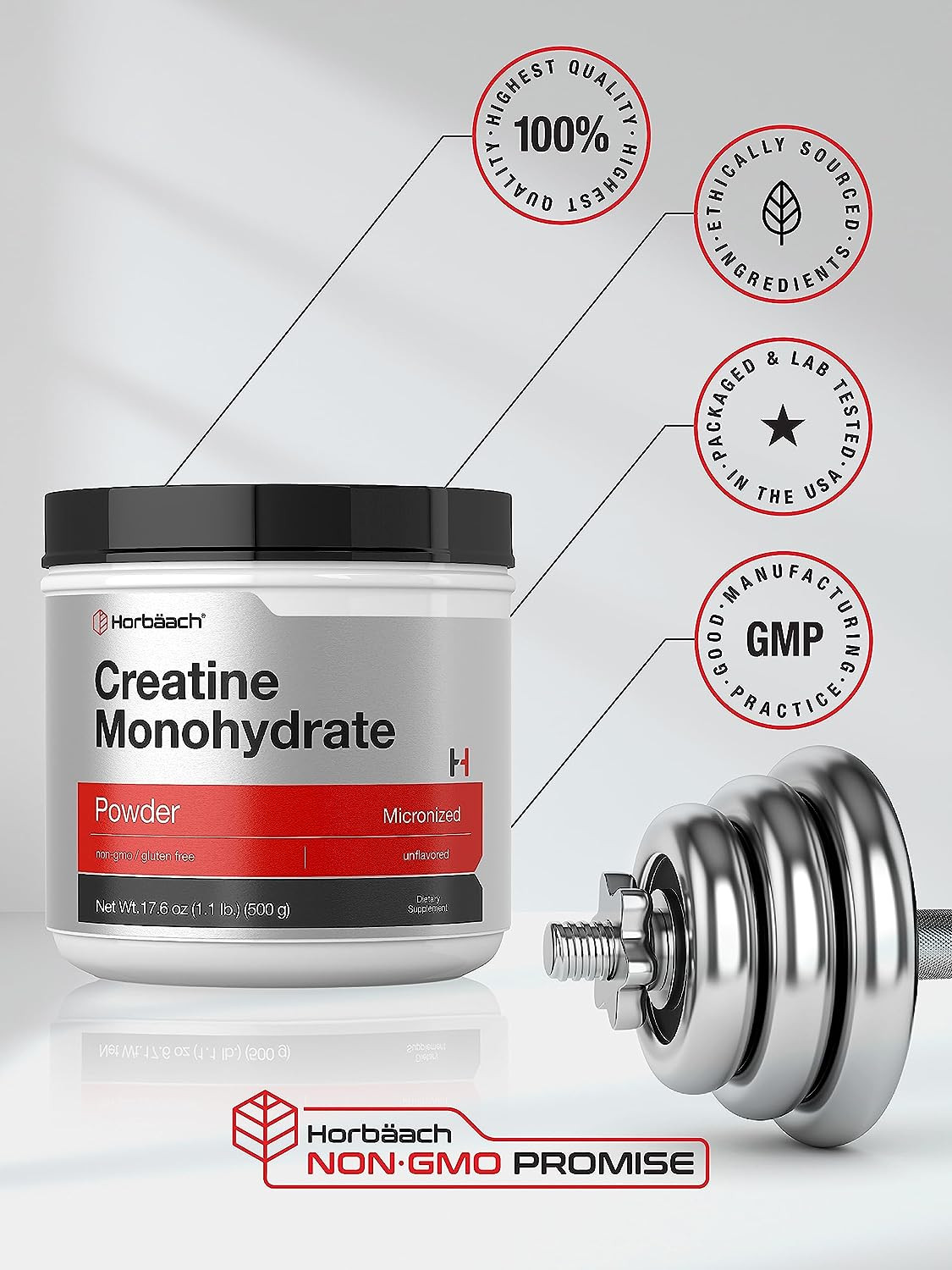 Creatine Monohydrate Powder 17.6 oz Non-GMO & Gluten Free Supplement by Horbaach