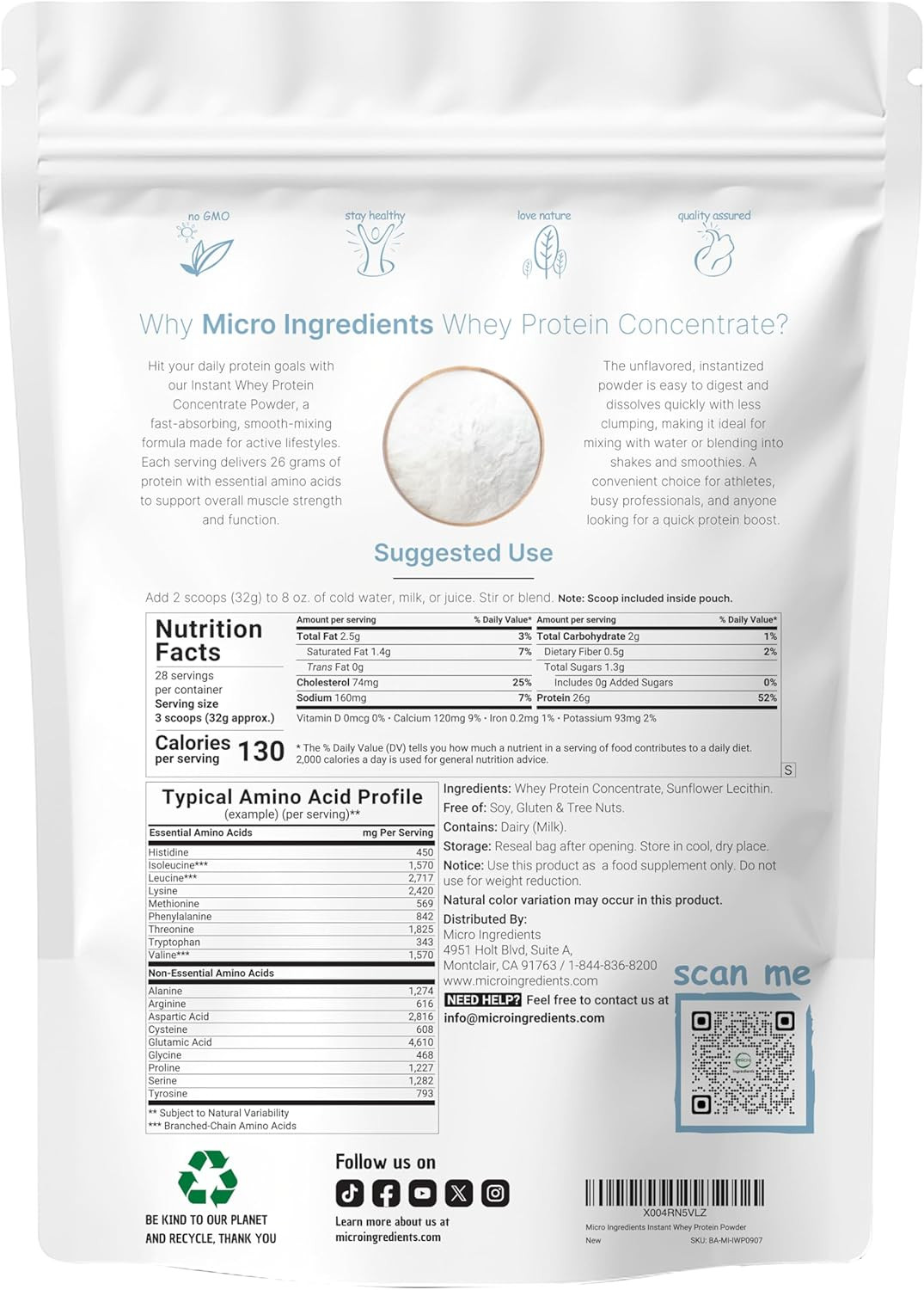 Instant Whey Protein Powder Concentrate, 2Lbs | Unflavored with Fast Absorption