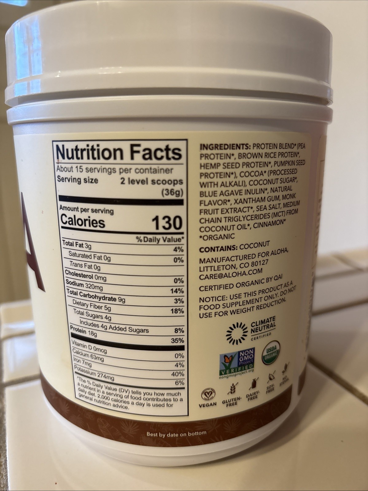 SEALED Aloha Plant Based Protein Powder Chocolate 1 lb 3 oz 540 grams EXP 9/2027