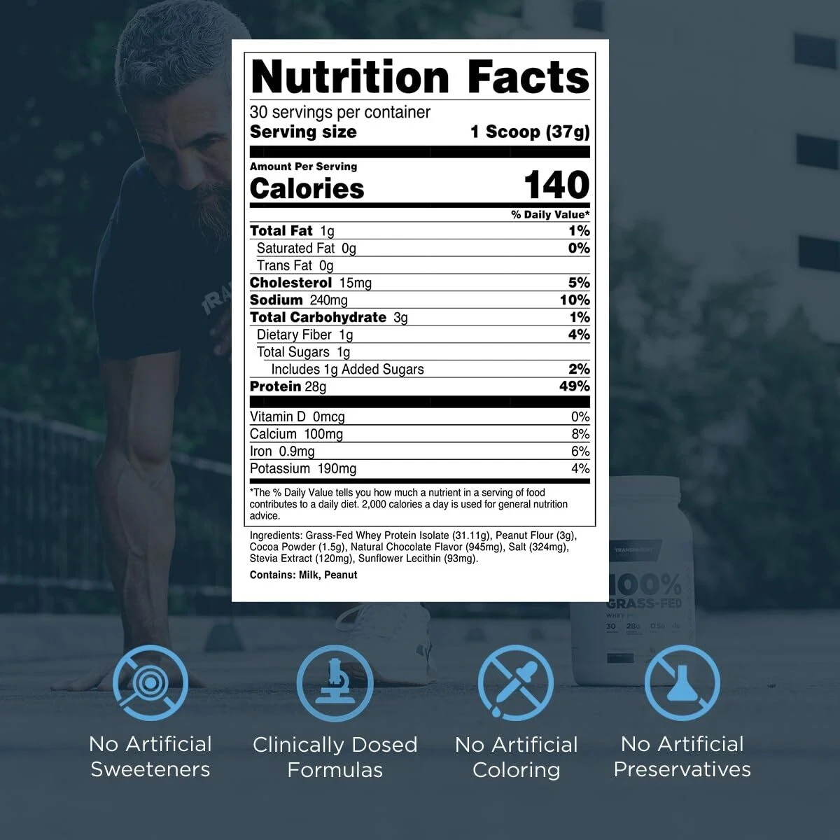 Transparent Labs Grass-Fed Whey Protein Isolate 28g Protein 30 Svgs Chocolate PB