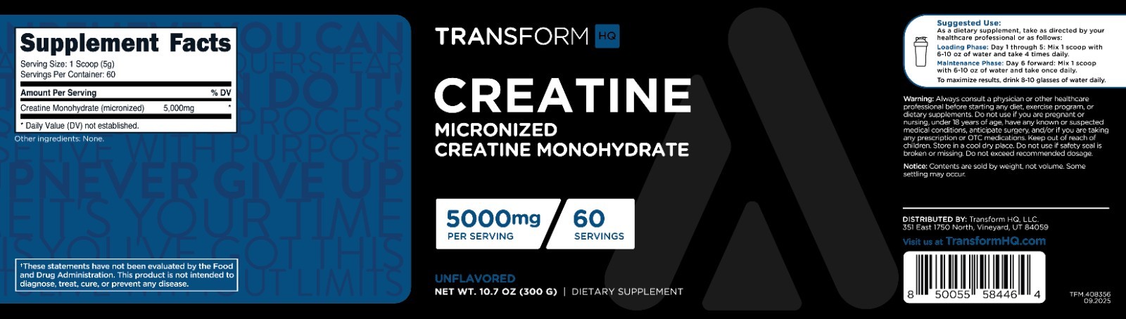 TransformHQ Creatine Monohydrate Powder (5000mg) Unflavored – 60 Servings