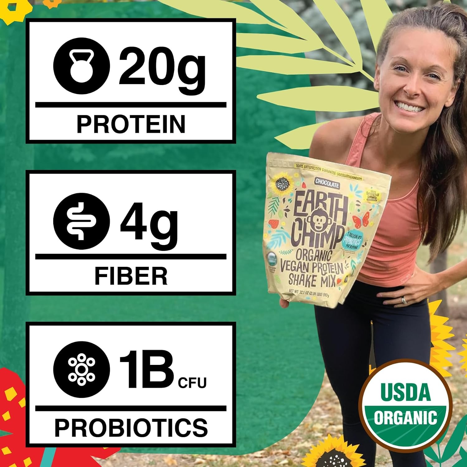 EarthChimp Organic Vegan Protein Powder – with Probiotics – Non GMO, Dairy Free,