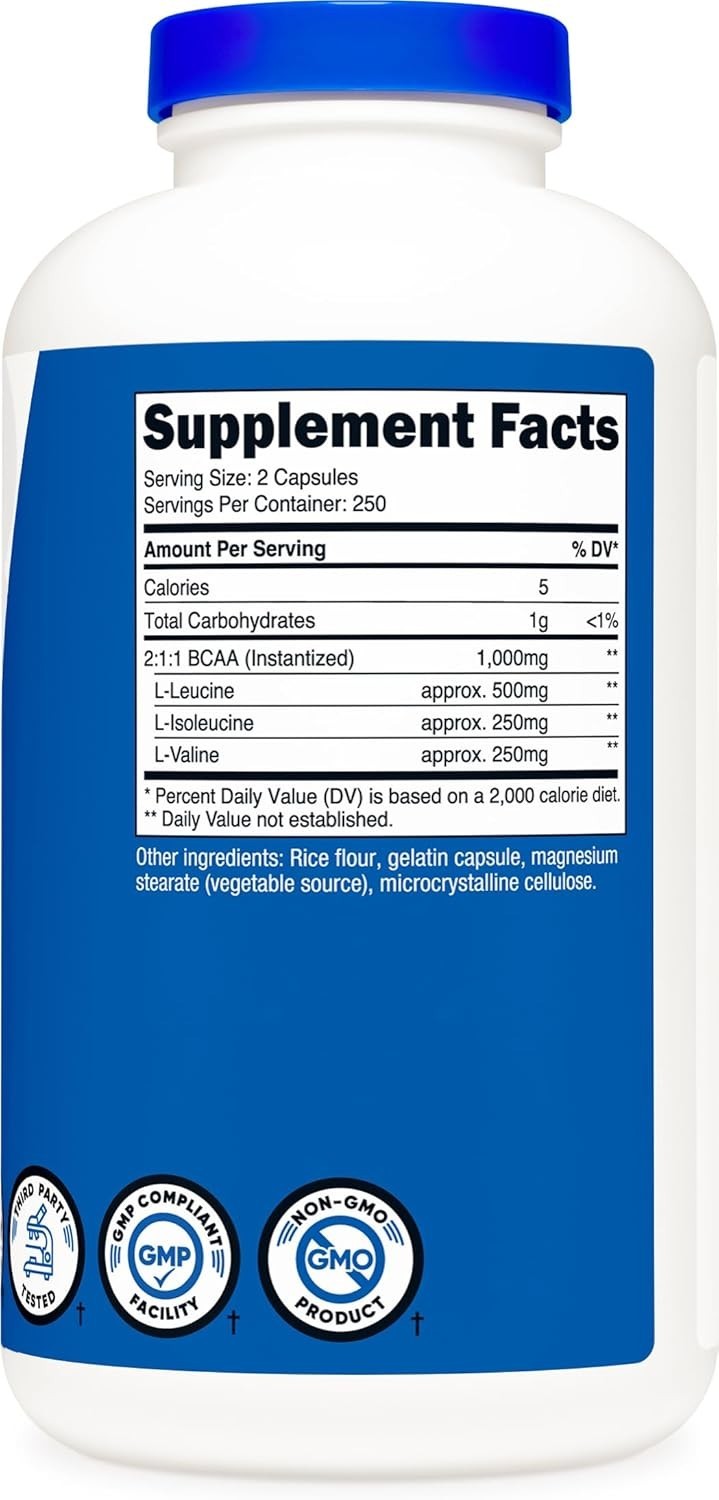 BCAA 1000Mg, 500 Capsules (250 Serv), 2:1:1 Branched Chain Amino Acids (500Mg…