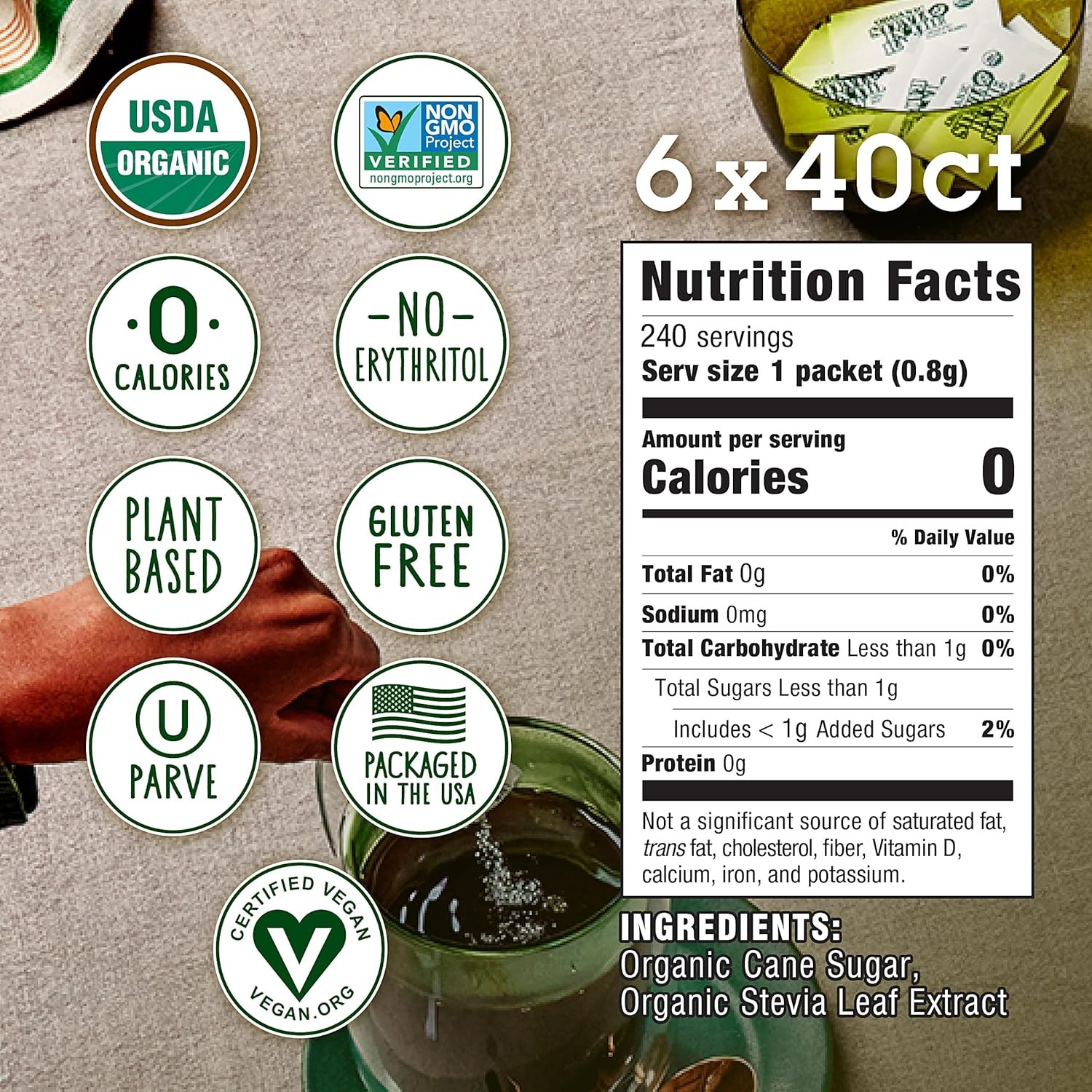 Organic Stevia In The Raw, Plant Based Zero Calorie 40 Count (Pack of 6)