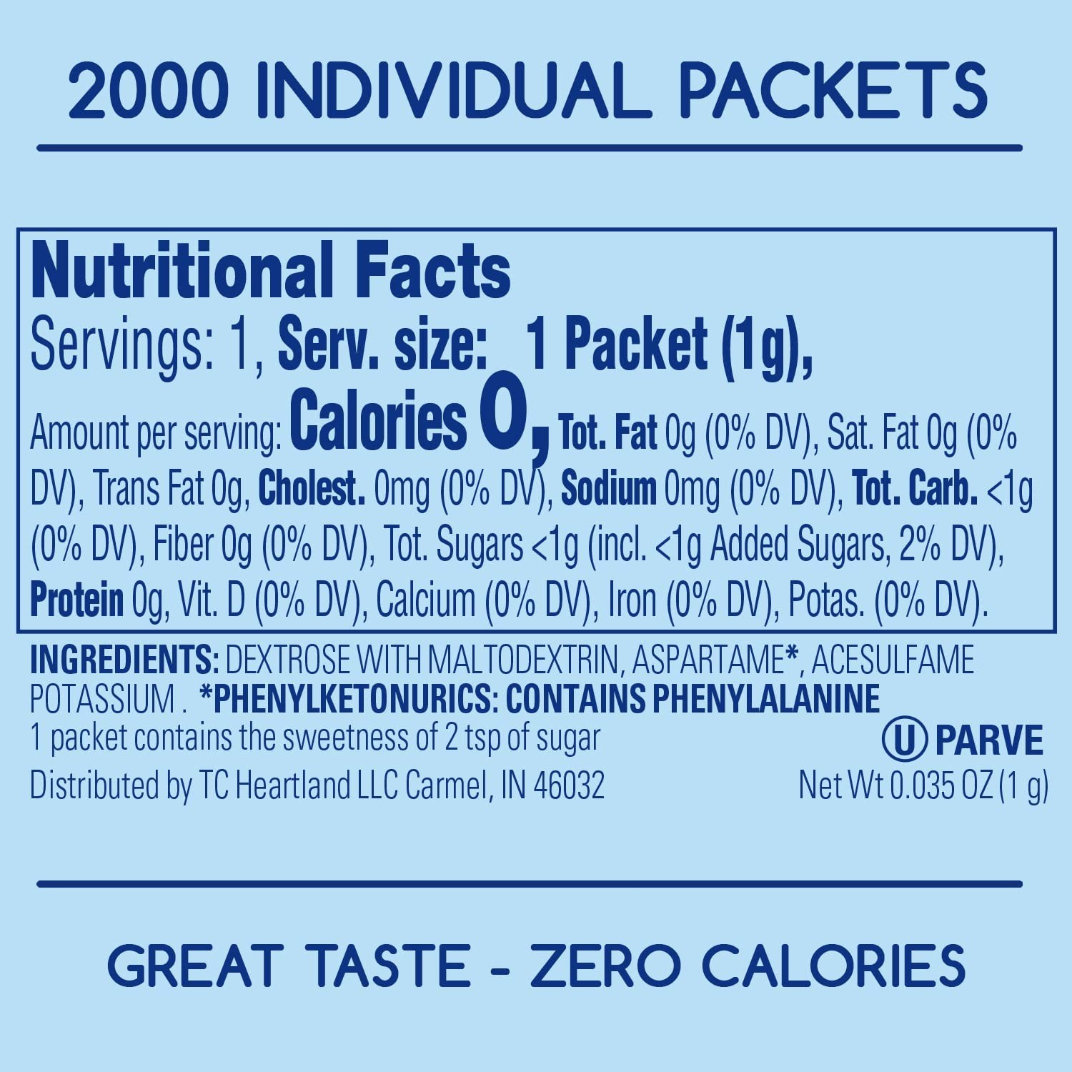 Complements Zero Calorie Aspartame Blue Sweetener 2000 Count (Pack of 1)