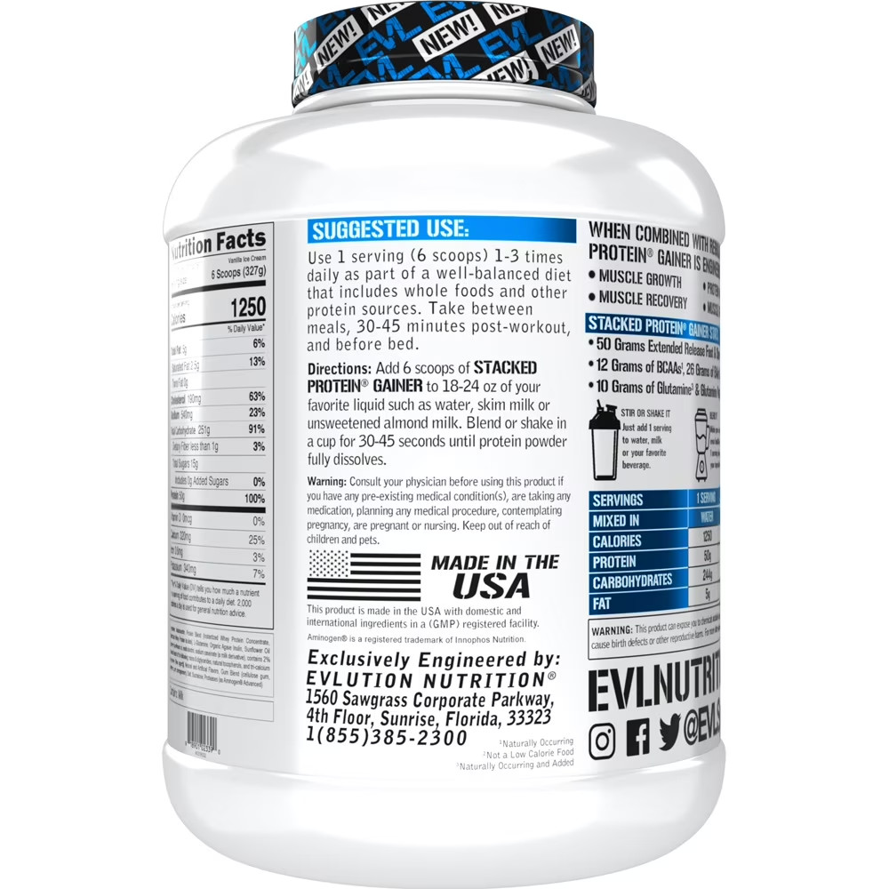 Stacked Protein Gainer, 50 Grams Whey Protein Powder Complex, 250 Grams Carbohyd