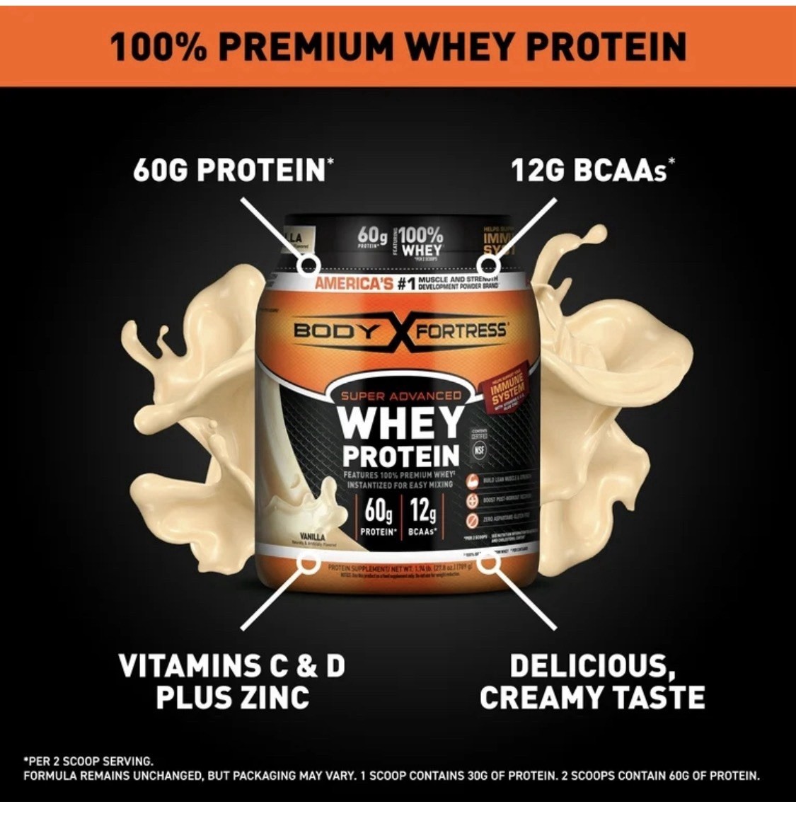Body Fortress Super Advanced Whey Protein Powder Vanilla Gluten-Free 1.74 lb