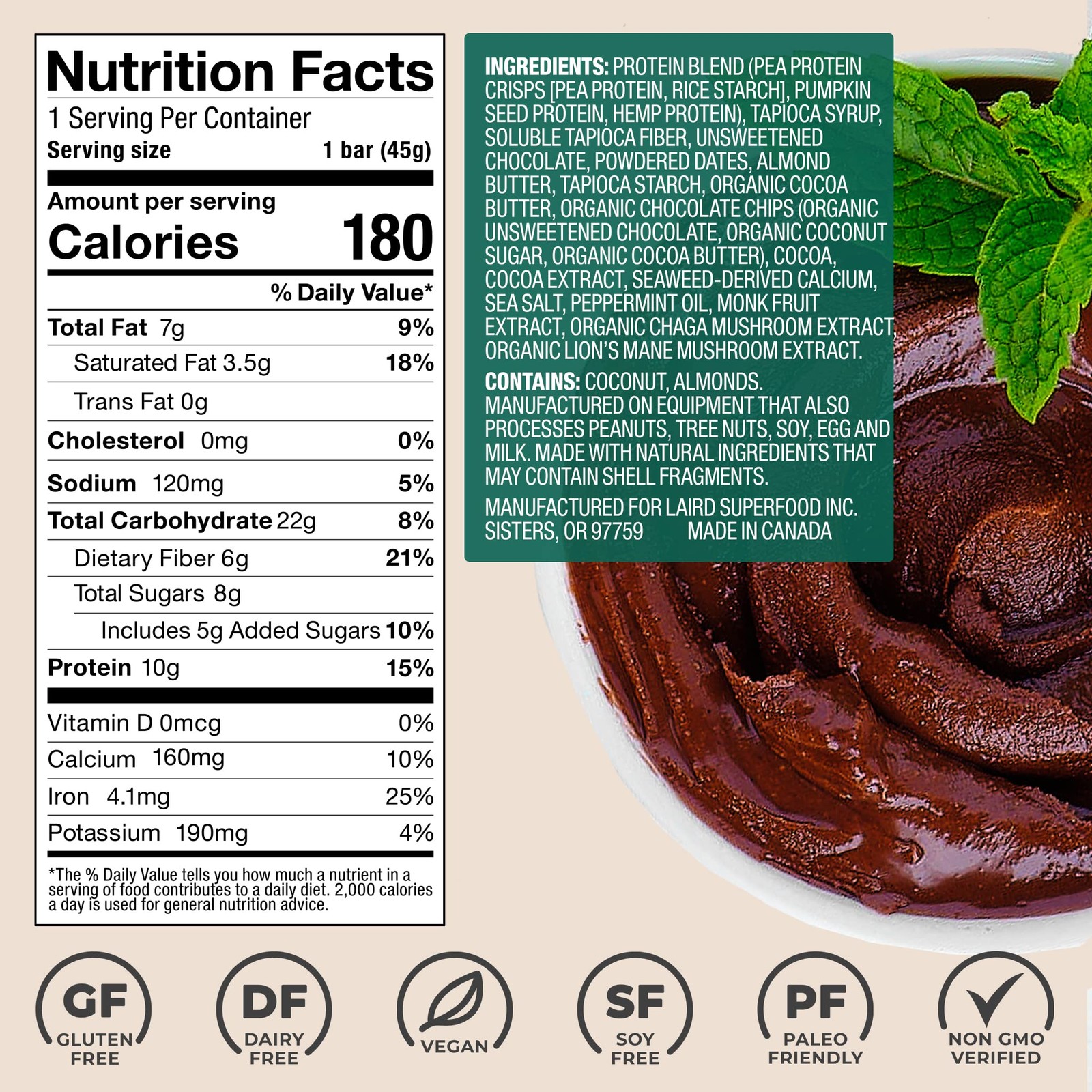 Laird Superfood Functional Protein Bars 1 Count (Pack of 10), Mint Chocolate