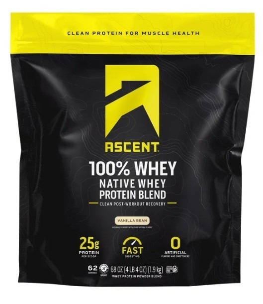 Ascent Whey Protein Vanilla Bean or Chocolate 4.25 lb Native Whey 25g Protein
