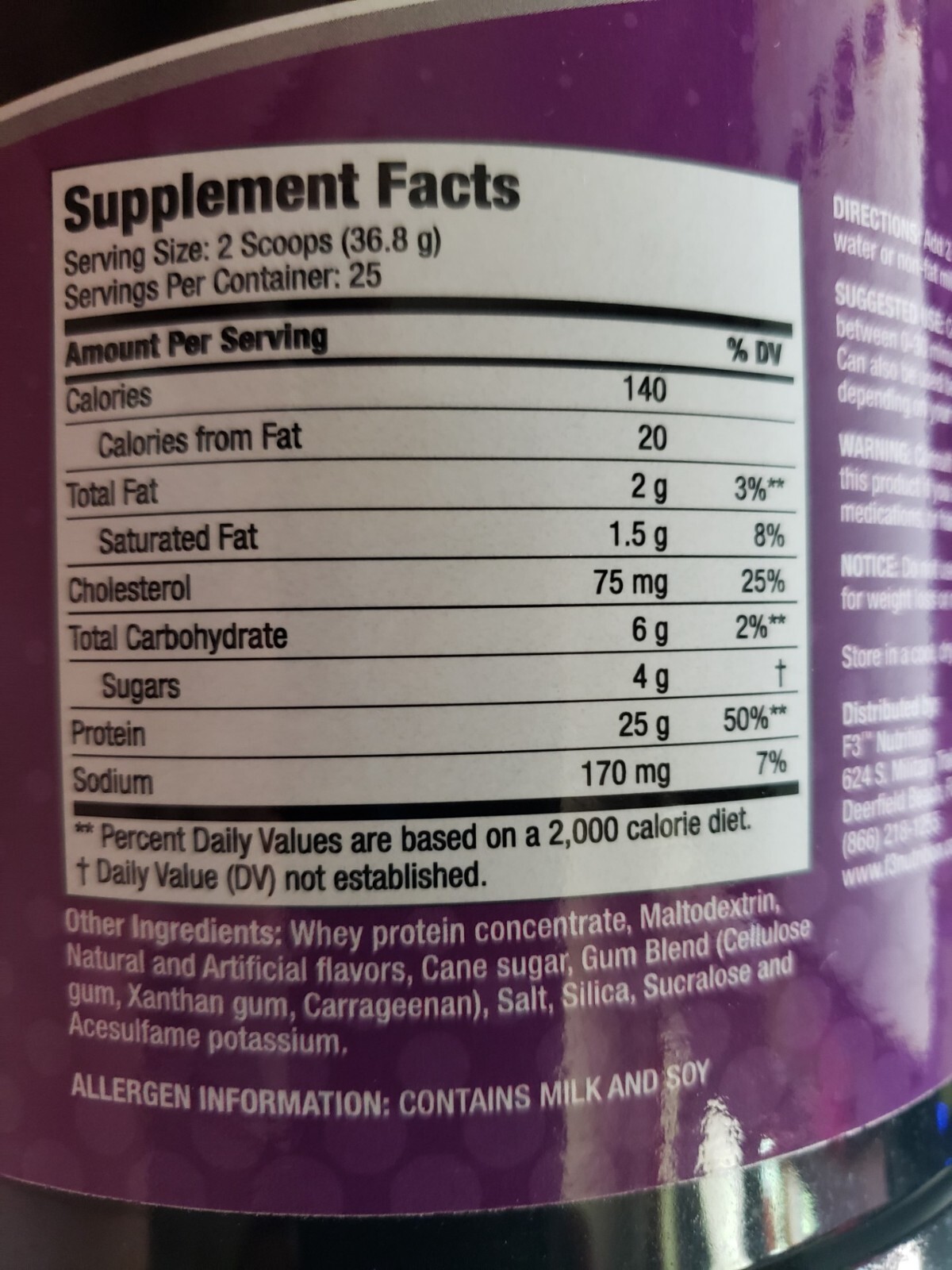 F3 NUTRITION – 100% Whey Protein – VANILLA – 2 lbs – Lean Muscle – Exp 5/2024