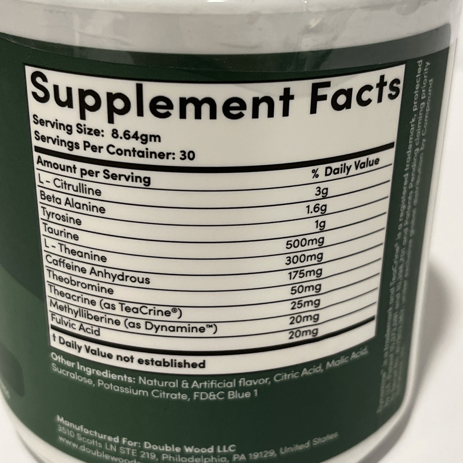Double Wood Supplement Pre Workout Powder Flavor Blue Raspberry. EXP : 12/27
