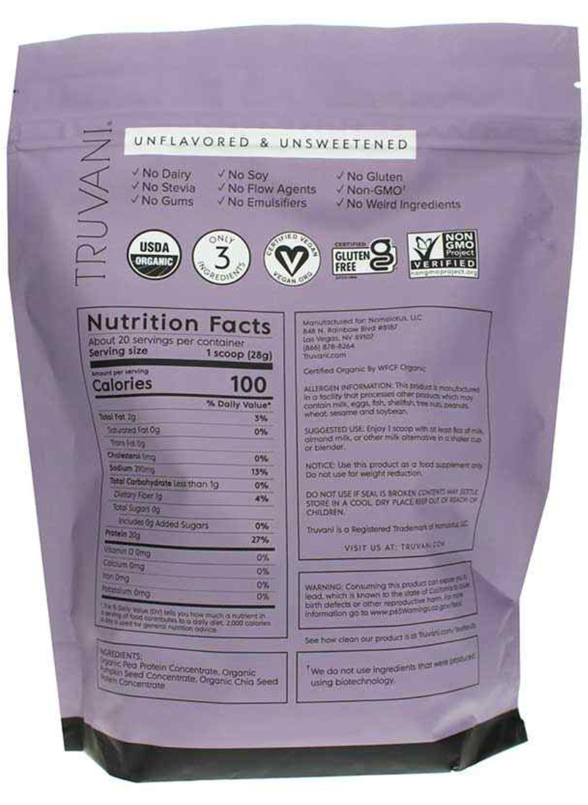 Truvani Certified Organic Plant Based Protein Unflavored & Unsweetened 3/2025