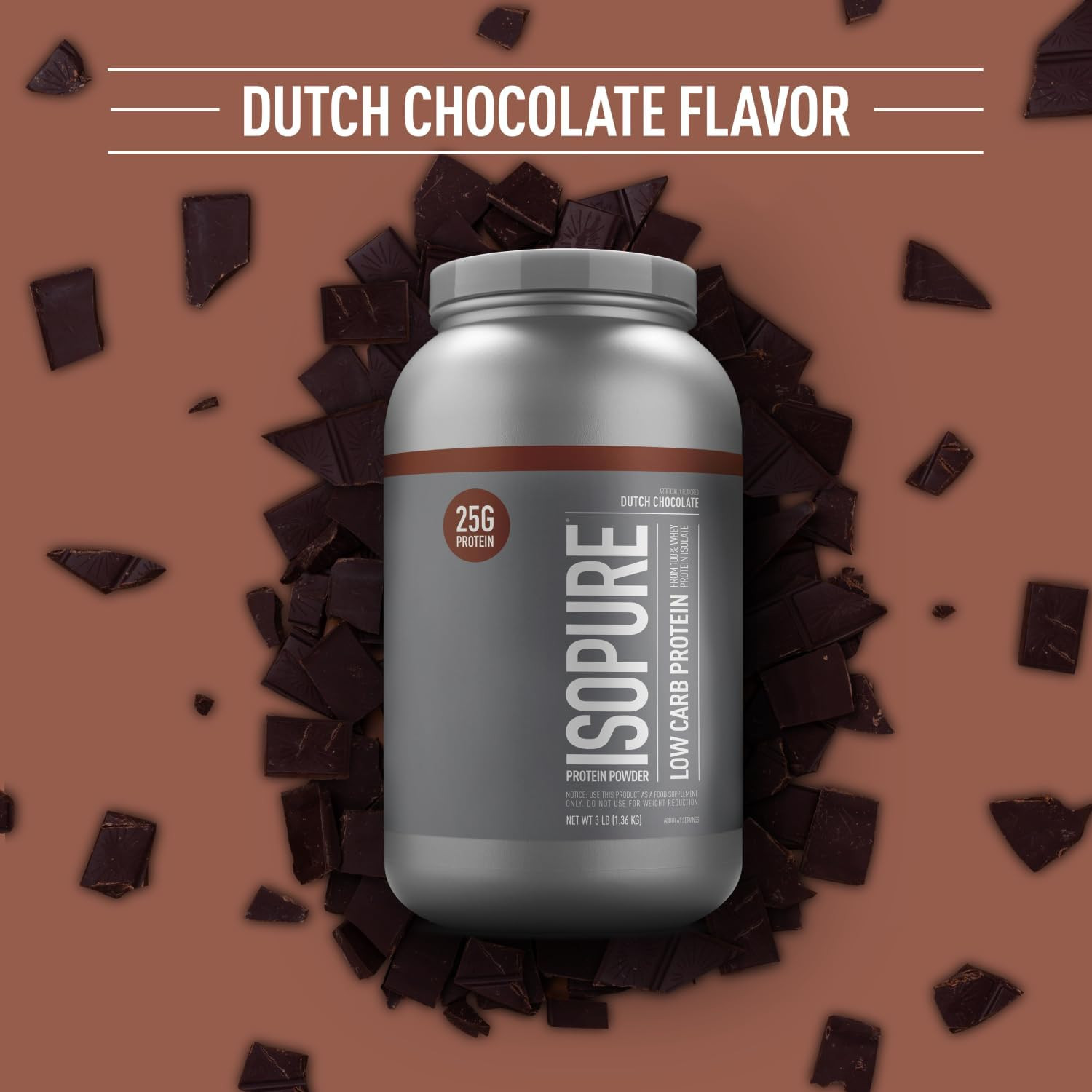 Low Carb Whey Isolate Protein Powder, 25g Protein per Serving, Dutch Chocolate,