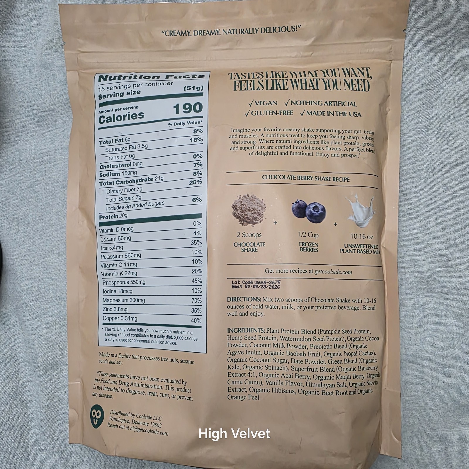 Coolside Superfood Vegan Protein Powder Chocolate 20g Plant Based 15 Servings