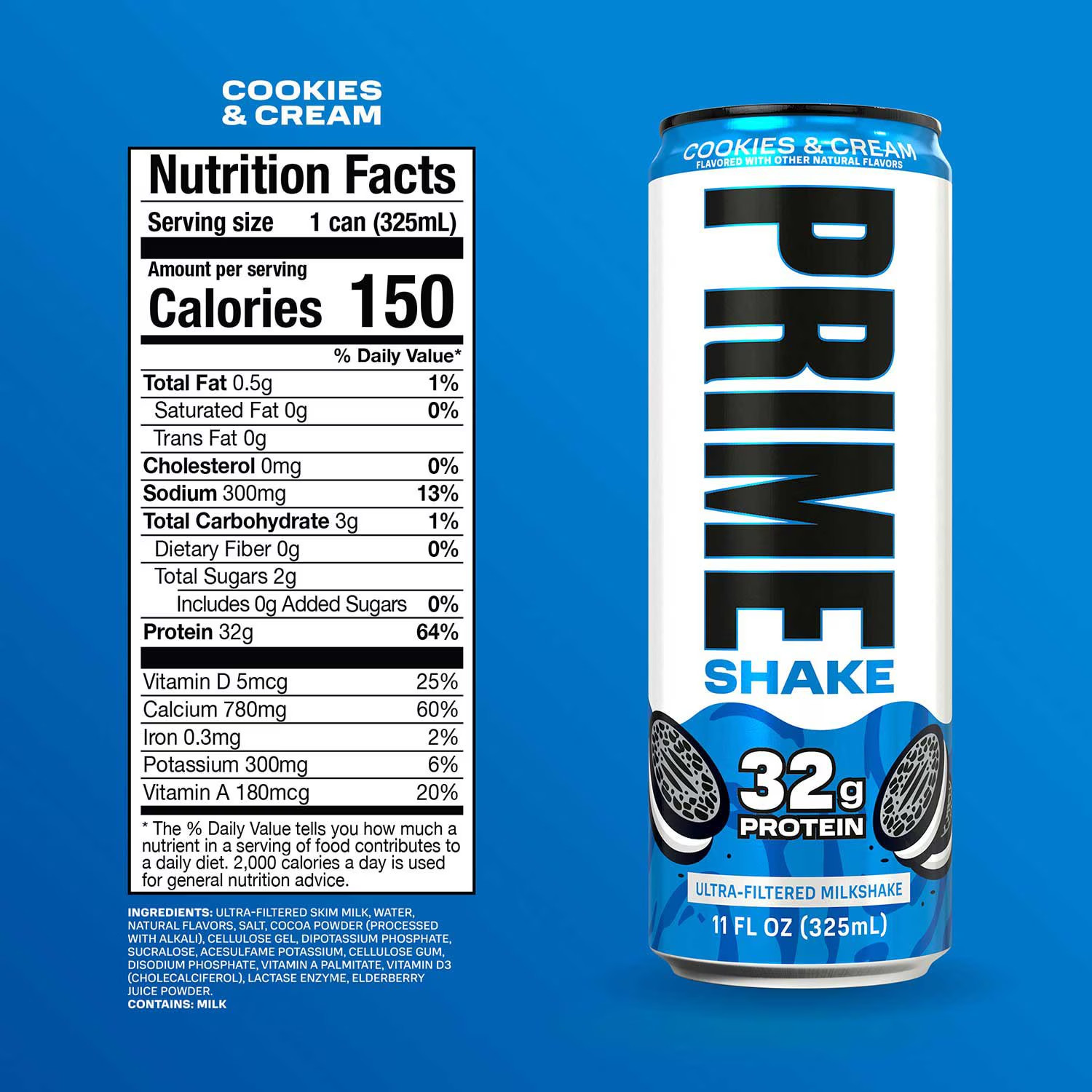 Prime 32g Protein Ultra-Filtered Milk Shake, Cookies and Cream, 11 fl. oz, 12 pk