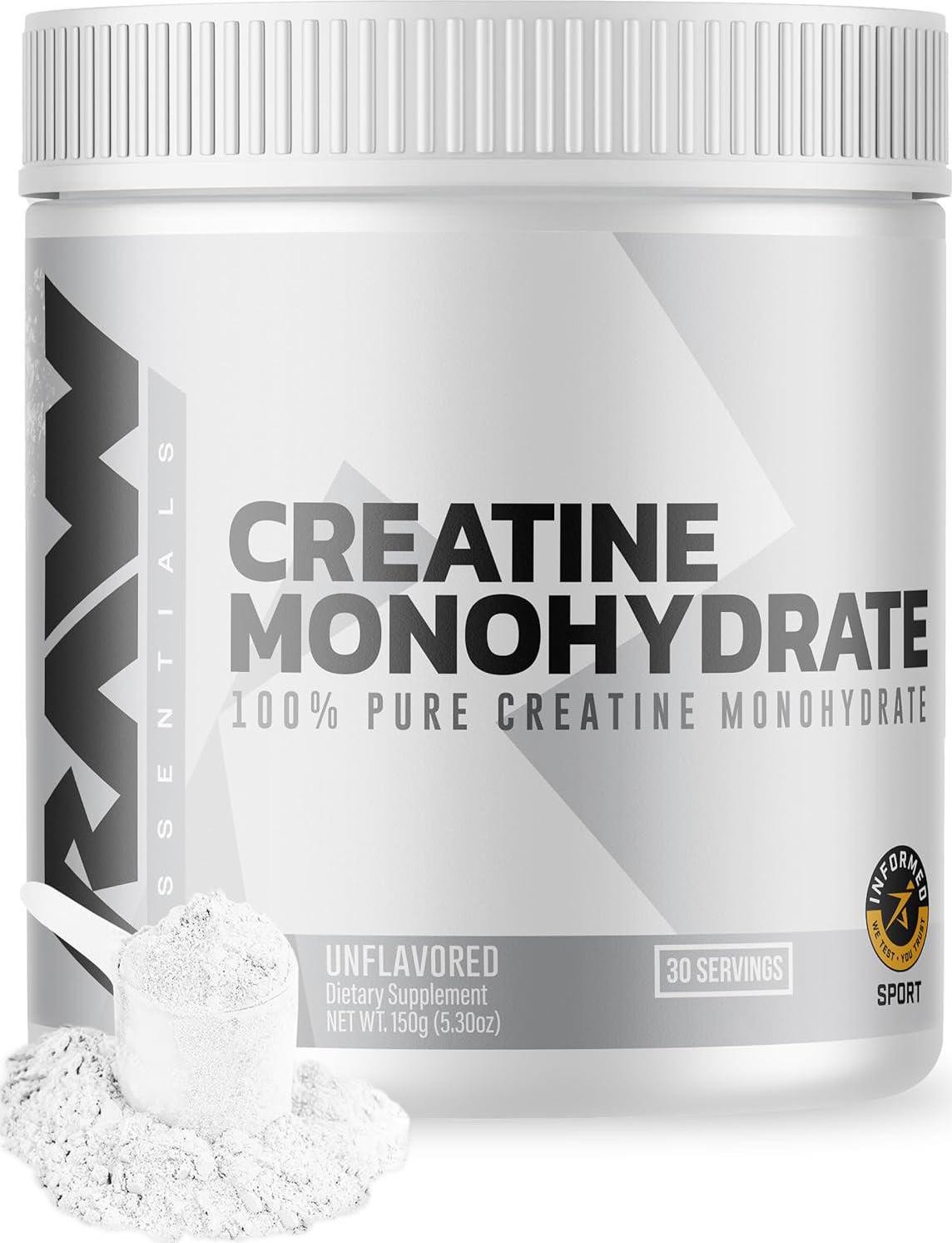 RAW Nutrition Creatine Monohydrate Powder, Unflavored (30 Servings) – Micronized