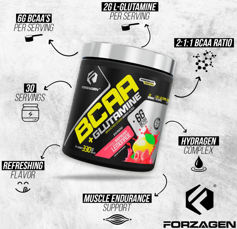 Forzagen BCAA Powder Glutamine 30 Serv Pre Post Workout Raspberry EXP 07/27