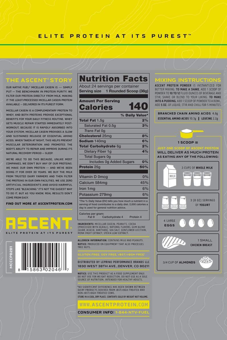 Ascent Native Fuel Micellar Casein Protein Powder – 2 Lbs – Chocolate Peanut But