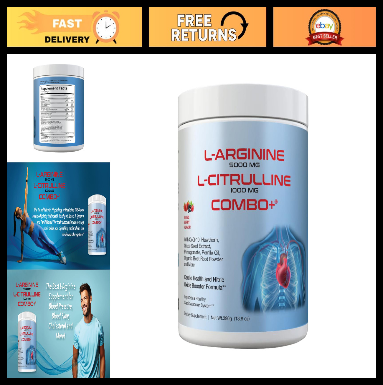 L-Arginine 5000mg & L-Citrulline 1000mg Powder – Nitric Oxide Booster, 30 Servin