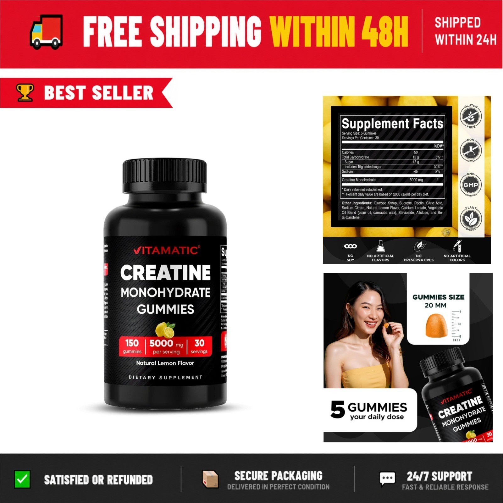Vitamatic Creatine Gummies 5000mg – Lemon Flavor – 150 Count