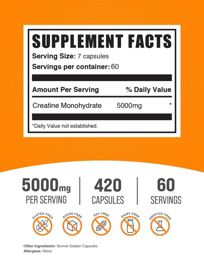 BulkSupplements.com Creatine Monohydrate Capsules – 420 Count (Pack of 1)