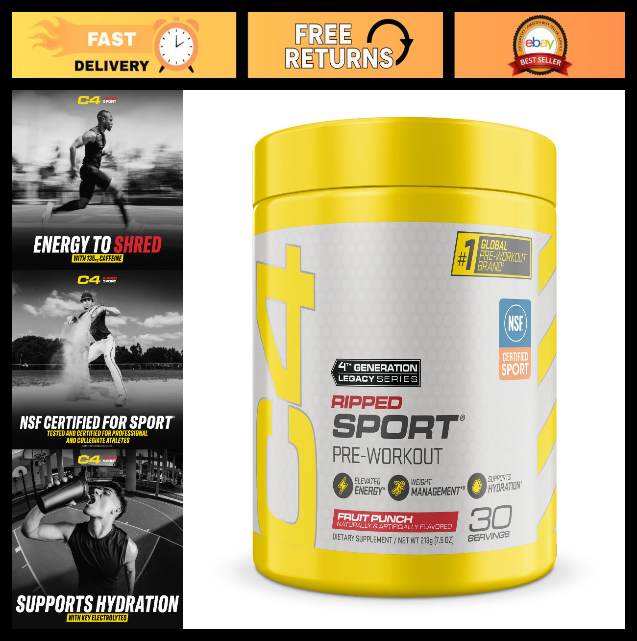 Pre Workout Powder – 135mg Caffeine, Energy Boost, 30 Servings, Ripped Sport
