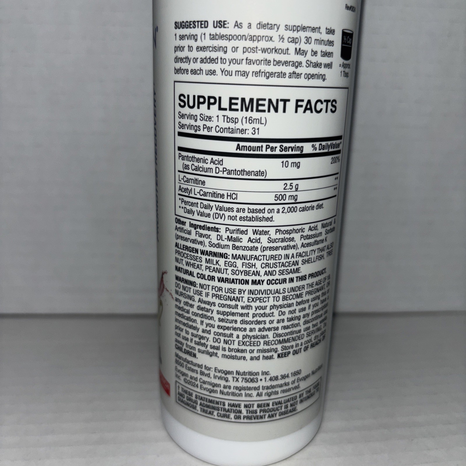 EVOGEN Carnigen Premium 3000mg Liquid Carnitine (16.7 fl. oz) 31 Servings-NEW