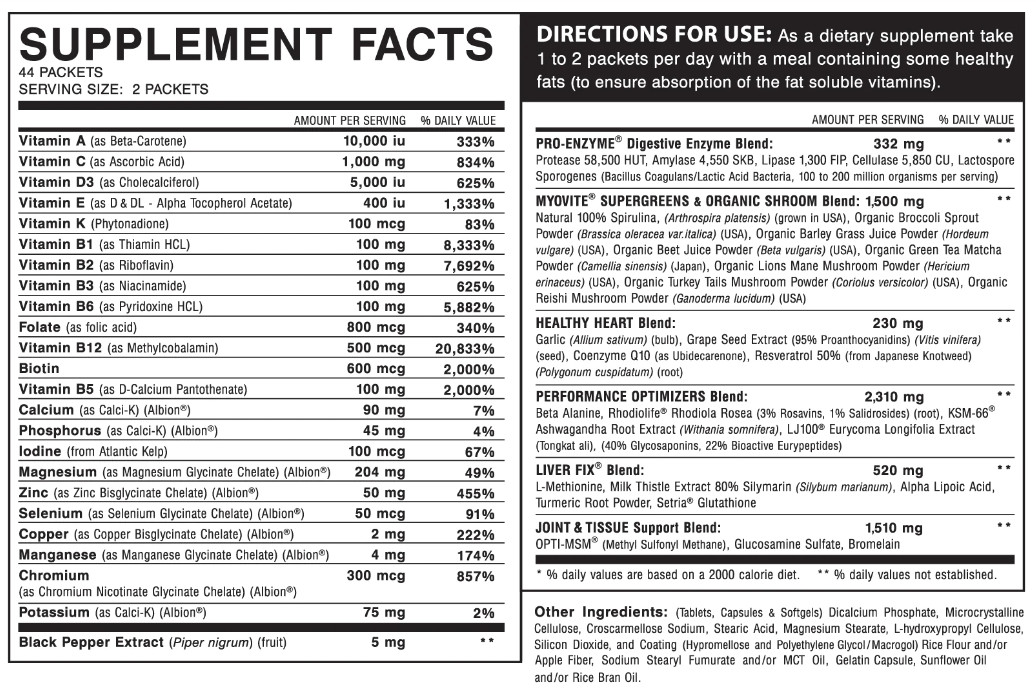 Myogenix MYOVITE Full Spectrum Multivitamin Mineral Formula 44 Packs New Formula