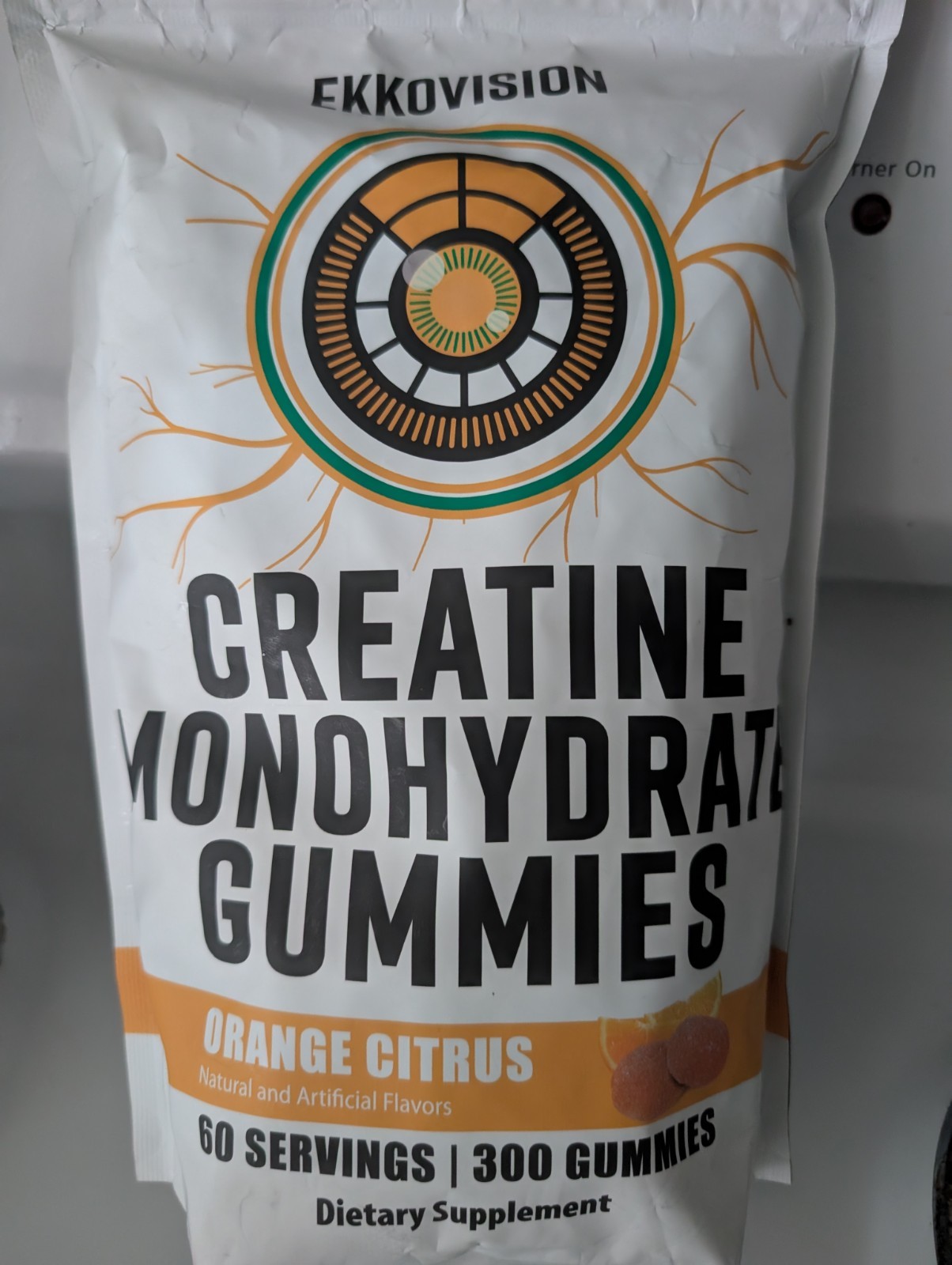 Ekkovision Creatine Monohydrate Gummies in an Orange Citrus flavor.