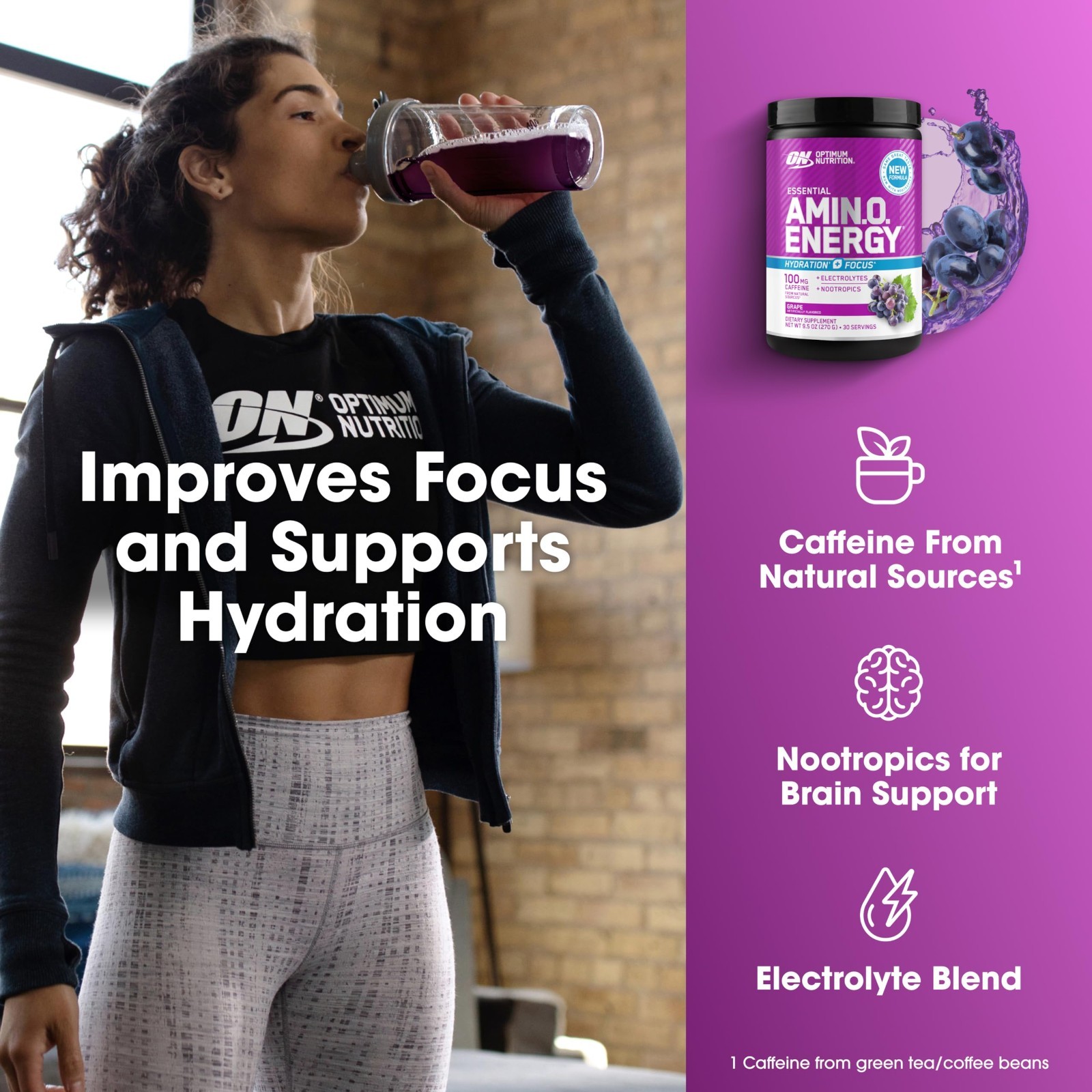 Amino Energy Powder with BCAAs, Electrolytes & Caffeine – Grape Flavor, 30 Servi