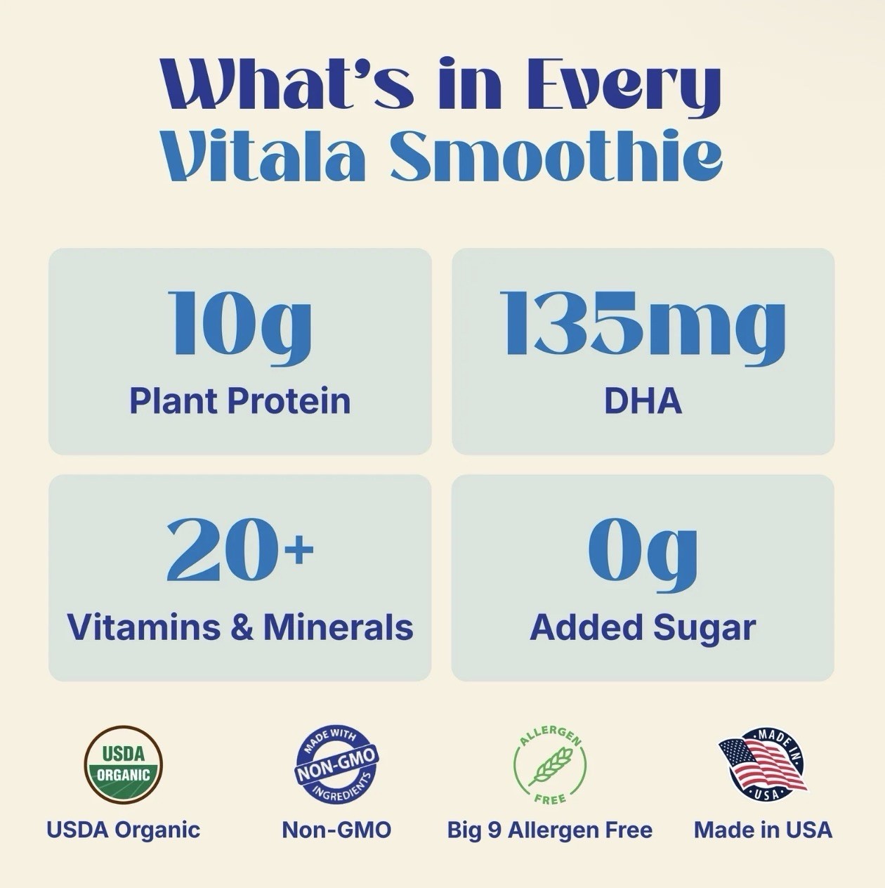 Vitala Organic Protein Smoothie | 10g Protein, 135mg DHA, USDA Organic | 10-Pack