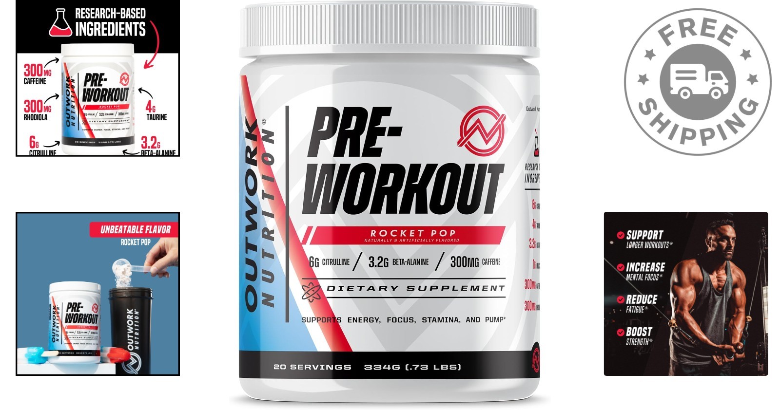 Nootropic Pre-Workout Powder – , Sugar-Free, Rocket Pop Flavor, 11.7 oz
