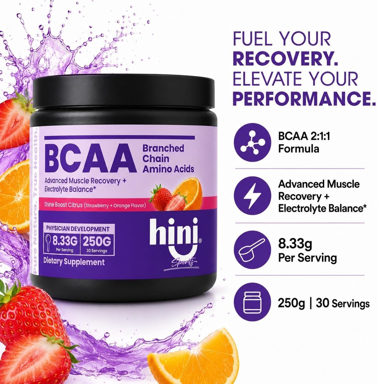 BCAA Powder, 2:1:1 Branched Chain Amino Acids with Electrolytes, 6000mg BCAA …