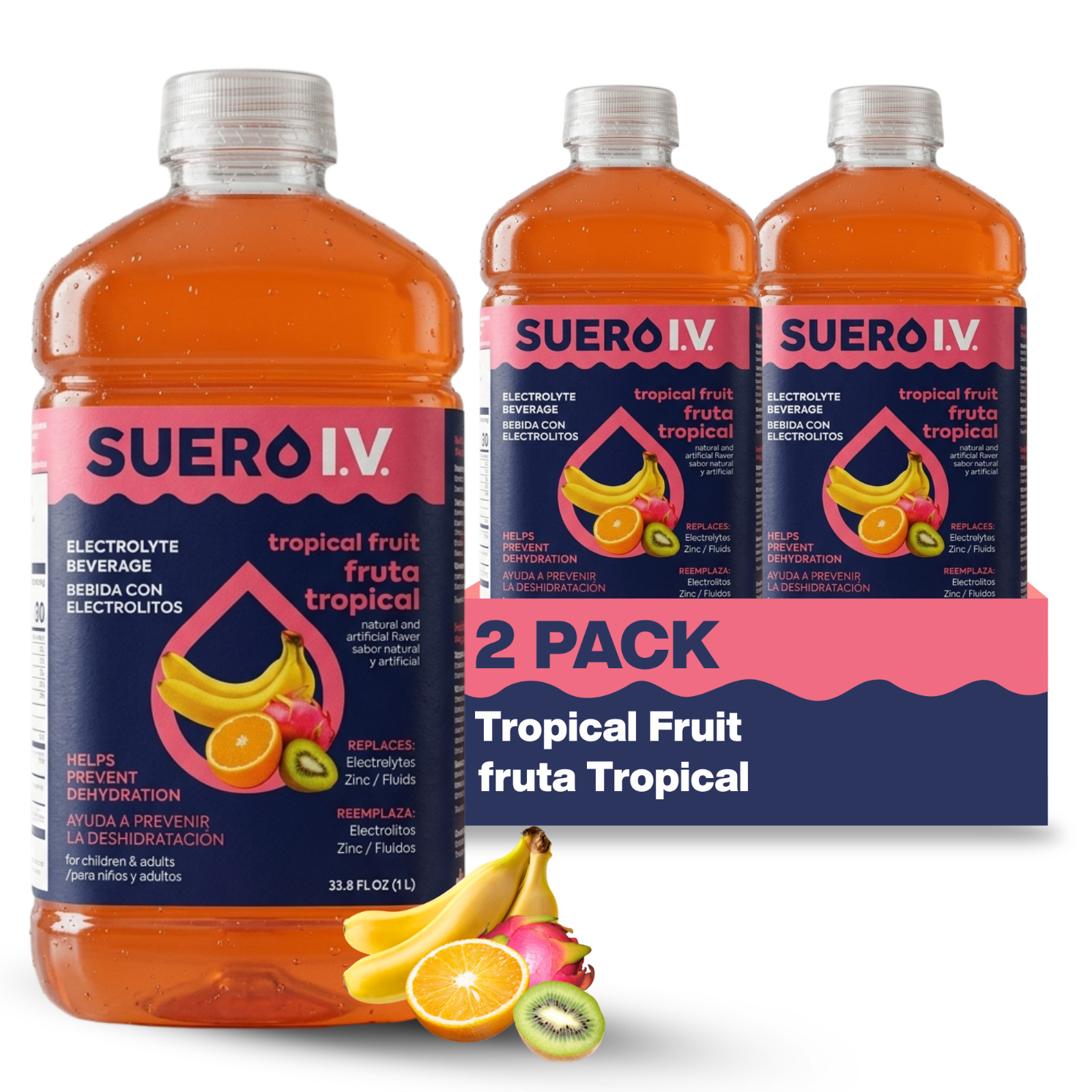 Suero I.V. Electrolyte Drink, Tropical Fruit Flavor 33.8 fl oz –Hydrate (2-Pack)