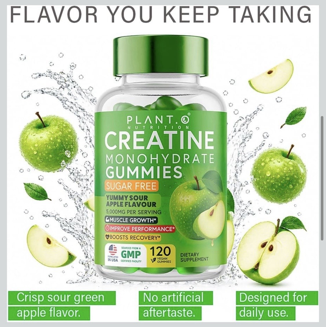 PLANT.O NUTRITION Creatine Monohydrate Gummies Sugar Free 120 Count Green Apple