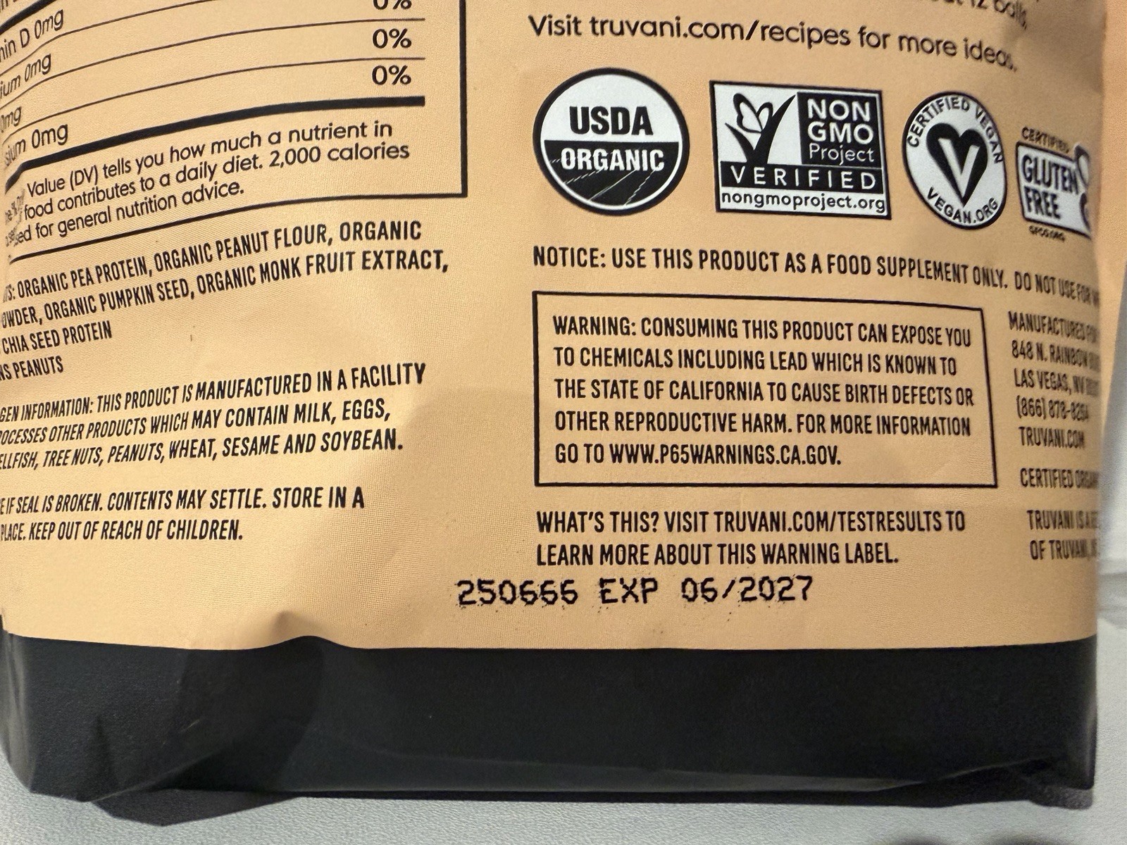 Truvani Plant Based Peanut Butter Protein Powder 23.1 NEW Expires 6/27