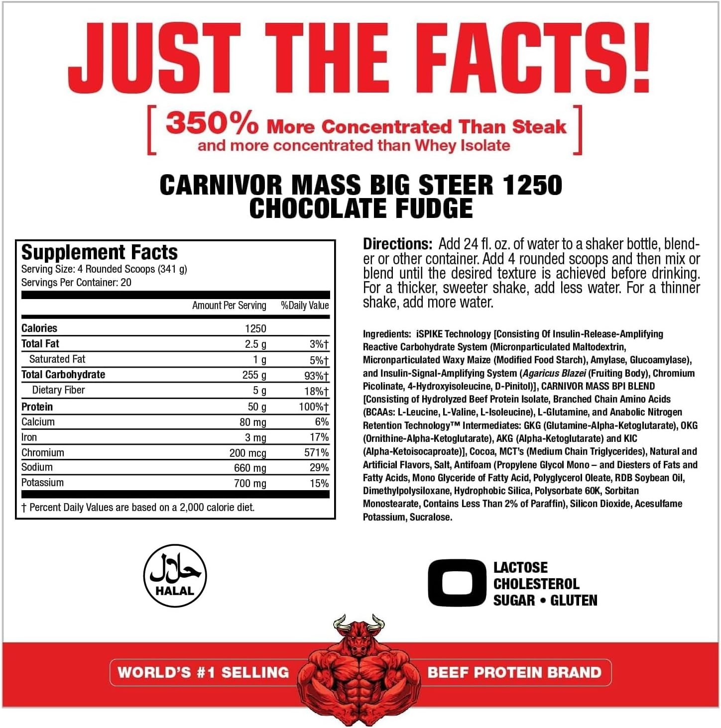 Carnivor Mass 1250 – Delicious Chocolate Beef Protein for Muscle Gains, 15lbs