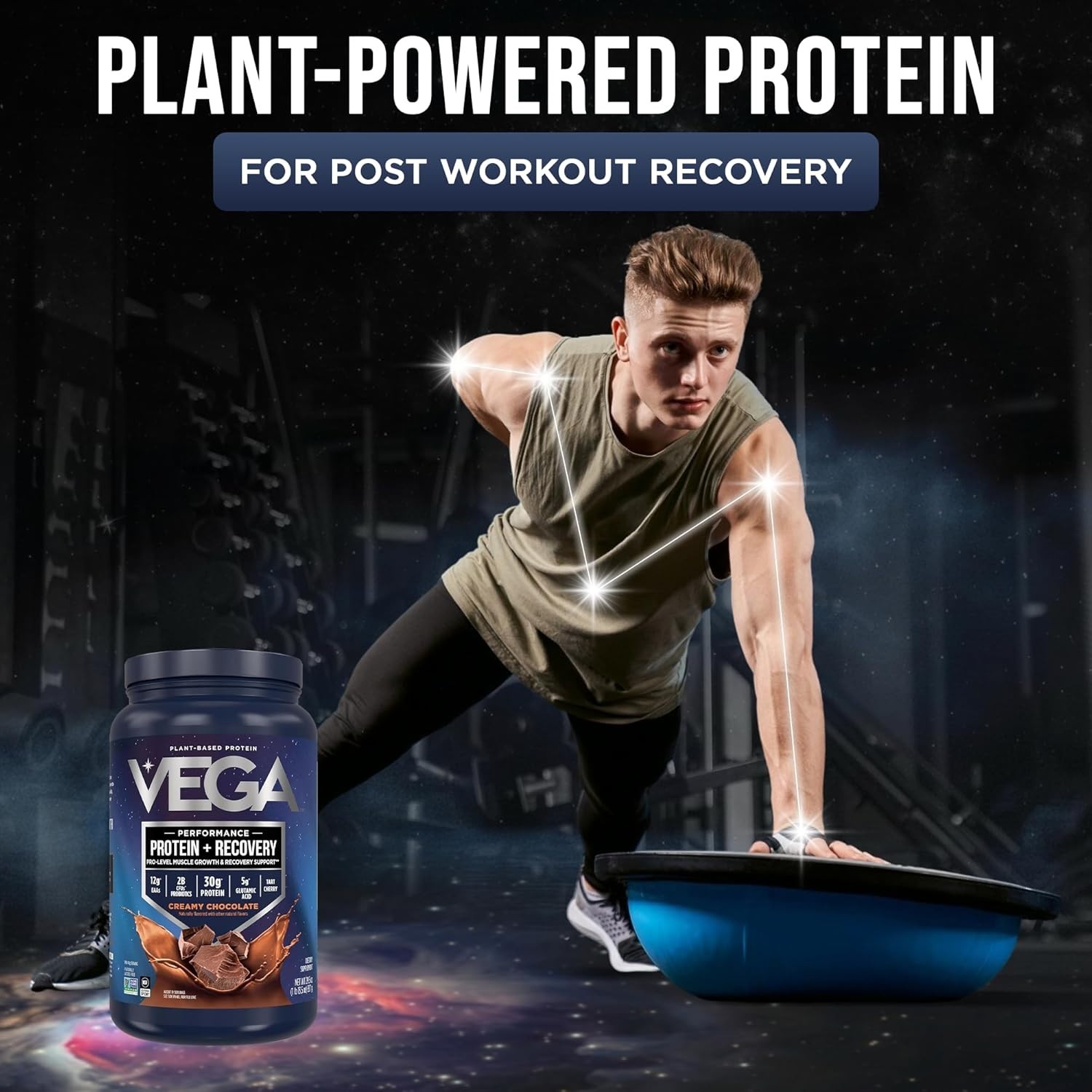 Vega Sport Vegan Protein Powder + Recovery, Chocolate, 29.5oz/1.84lbs/837g Jar