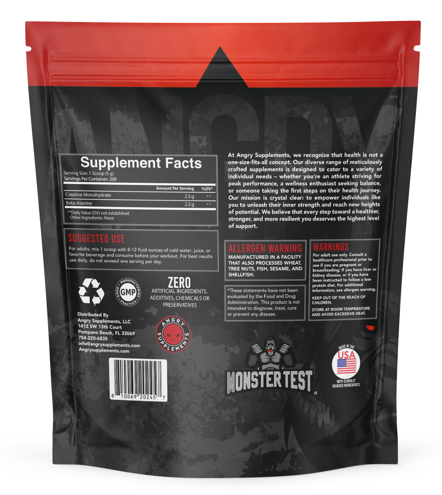Angry Supplements CREA-BETA Creatine + Beta Alanine Mens Muscle 1 Kilo 200 Serv