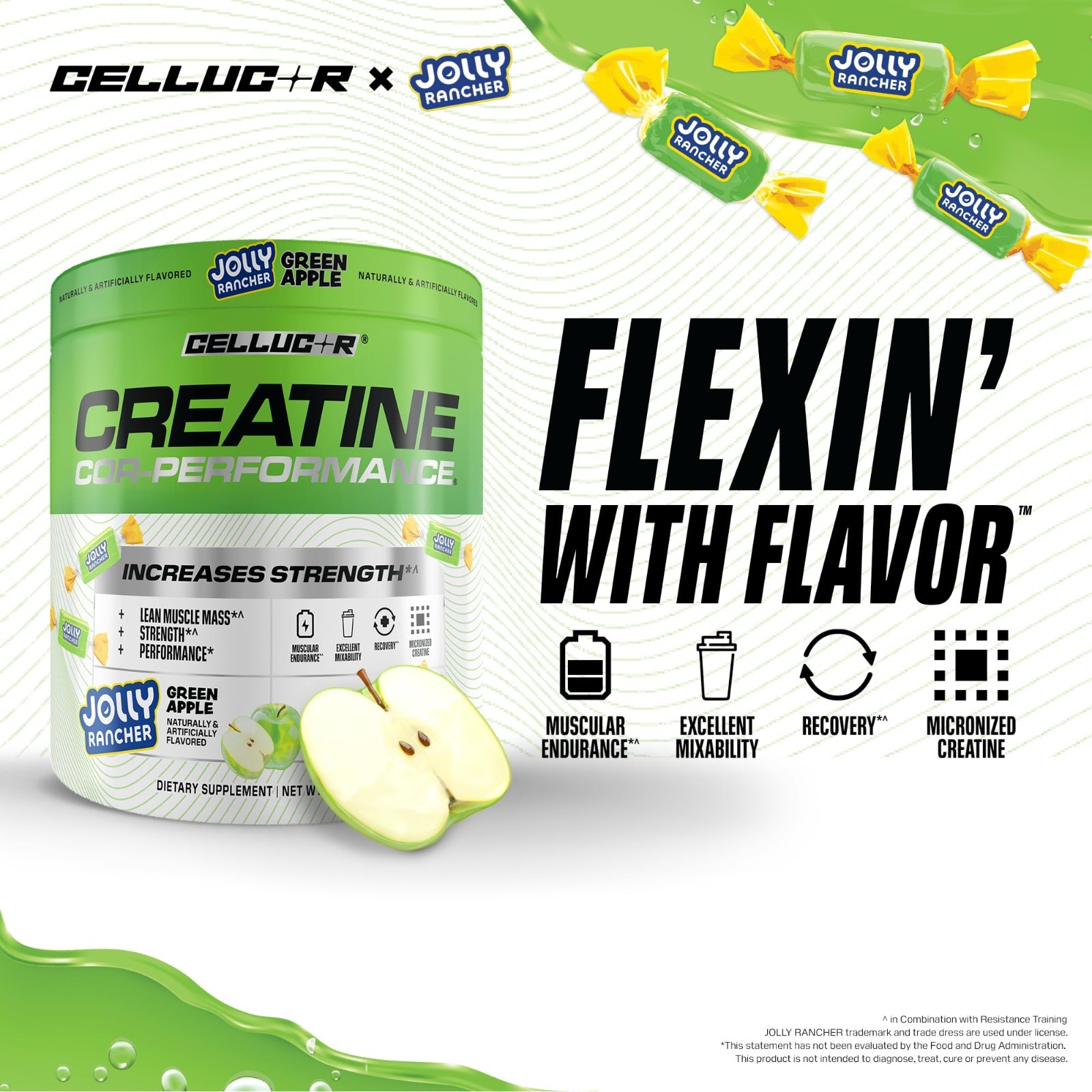 Creatine Powder – Jolly Rancher Green Apple Flavor, Boost Strength & Endurance,