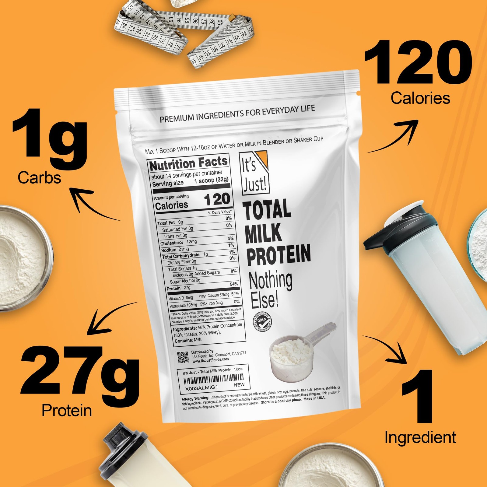 It’s Just! Total Milk Protein Concentrate Powder 2.5lb Unflavored Non-GMO Gluten